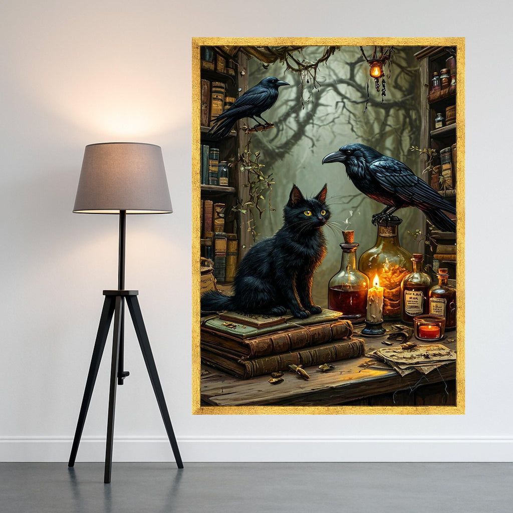 Black Cat Canvas Wall Art – Gothic Wall Decor, Witchy Wall Art Ready to Hang