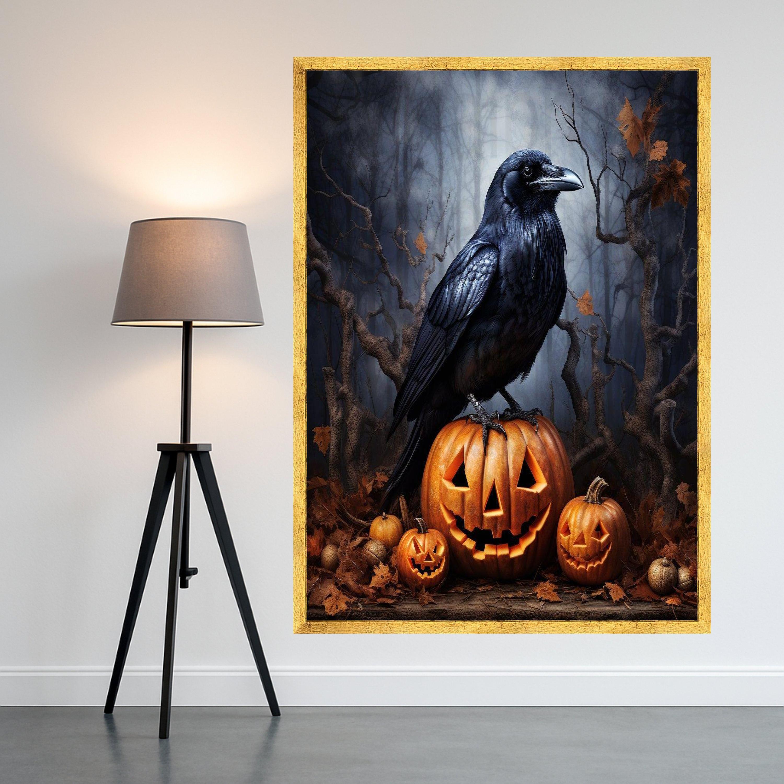 Halloween Raven on Jack O Lantern Canvas, Spooky Pumpkin Halloween Decor, Gothic Autumn Wall Art, Dark Forest Scene Canvas, Ready To Hang,