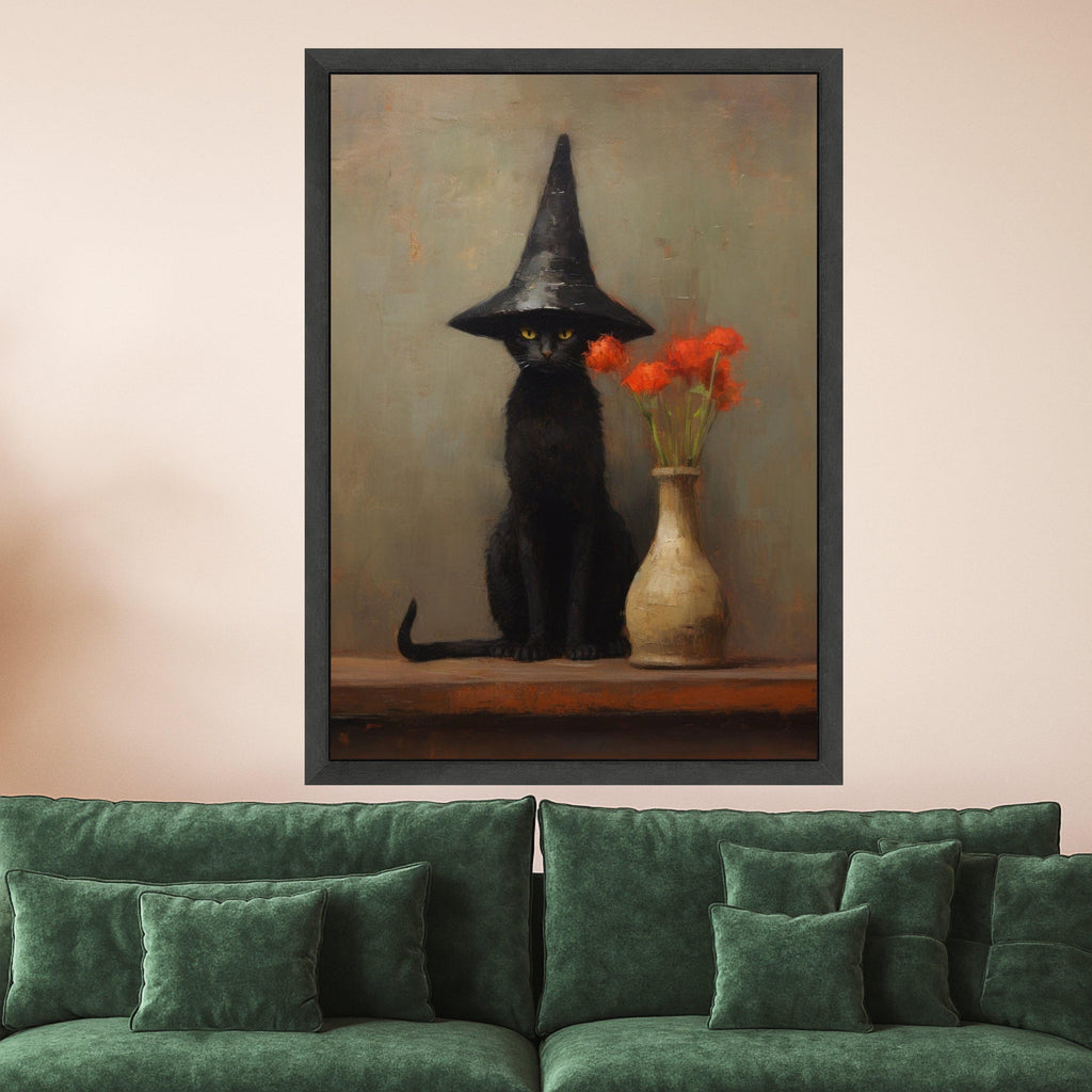 Witch Cat Canvas Print – Black Cat Wall Art with Hat, Gothic Wall Decor, Ready to Hang Halloween Wall Decoration