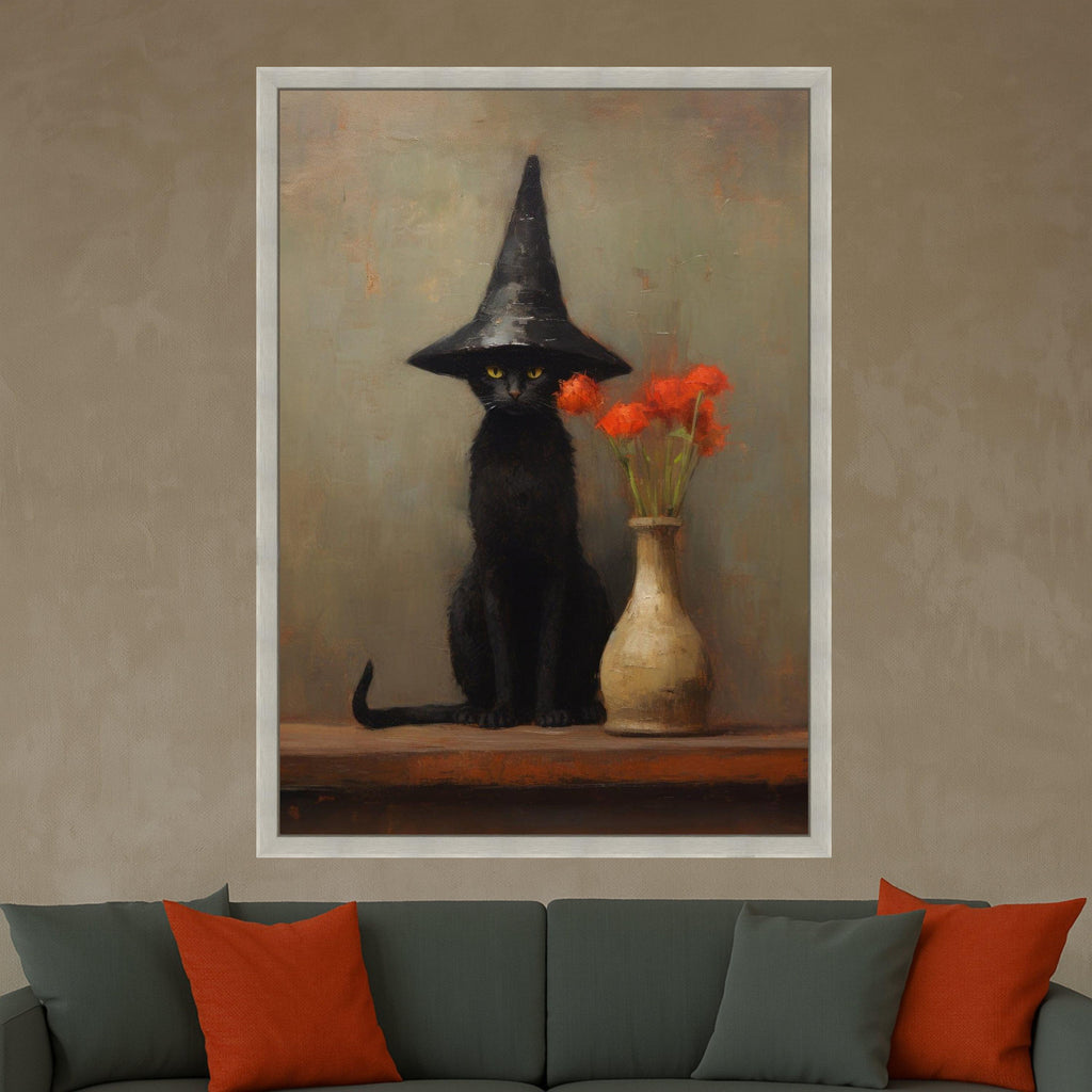 Witch Cat Canvas Print – Black Cat Wall Art with Hat, Gothic Wall Decor, Ready to Hang Halloween Wall Decoration
