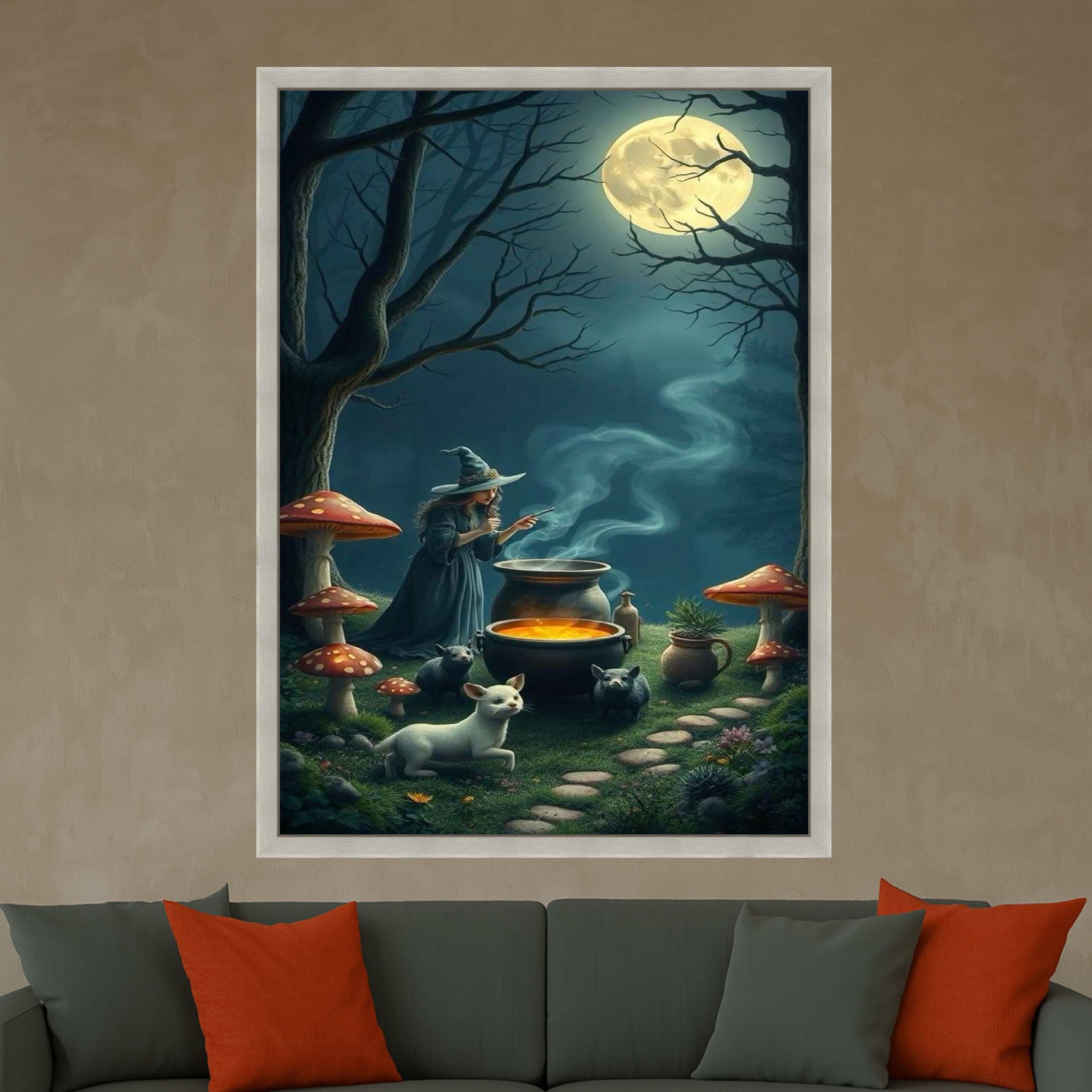 Enchanted Witch Brewing Potion Canvas, Magical Night Forest Wall Art, Full Moon Scene, Fantasy Witchcraft Decor, Halloween Ready To Hang,