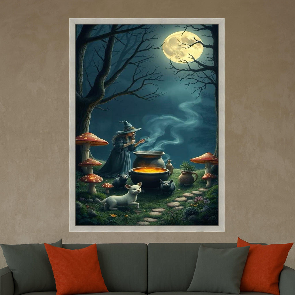 Enchanted Witch Brewing Potion Canvas, Magical Night Forest Wall Art, Full Moon Scene, Fantasy Witchcraft Decor, Halloween Ready To Hang,