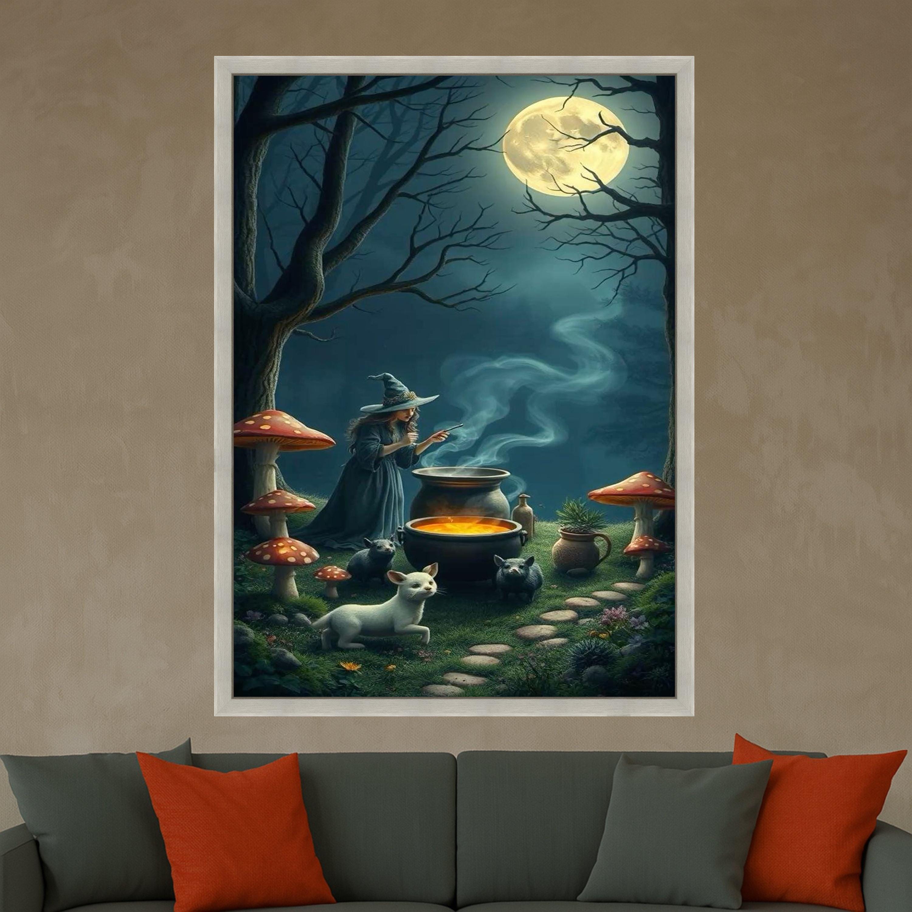 Enchanted Witch Brewing Potion Canvas, Magical Night Forest Wall Art, Full Moon Scene, Fantasy Witchcraft Decor, Halloween Ready To Hang,