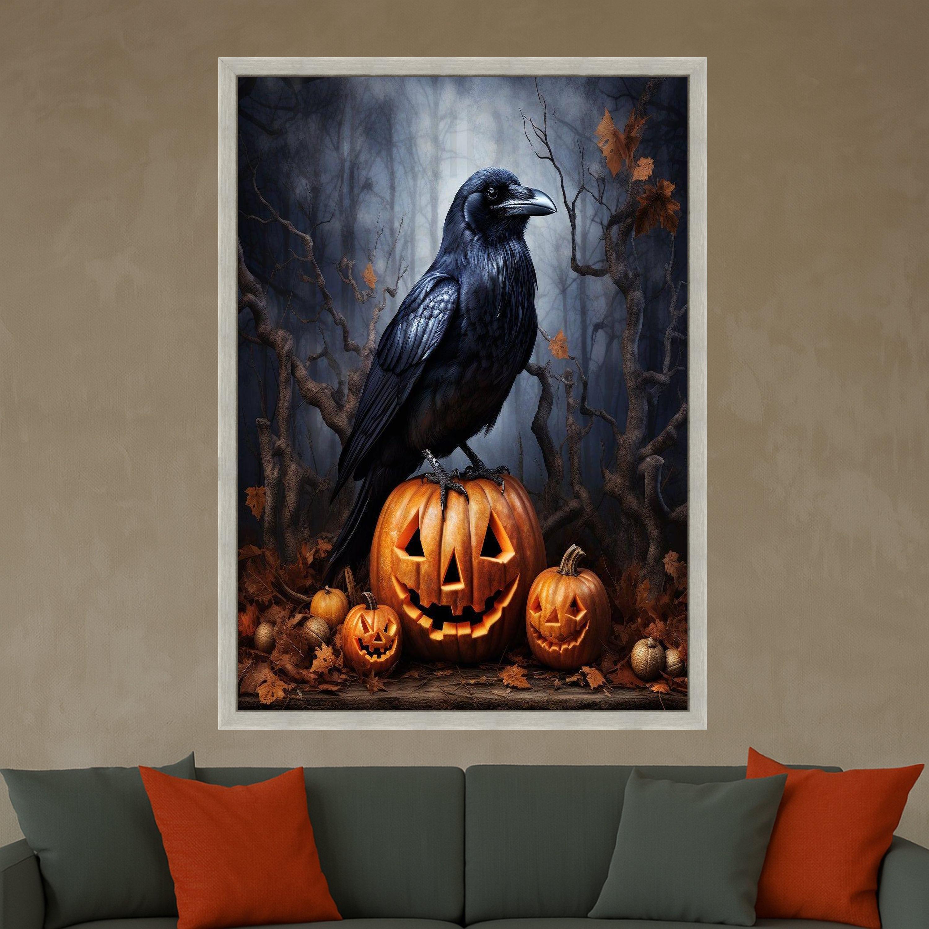 Halloween Raven on Jack O Lantern Canvas, Spooky Pumpkin Halloween Decor, Gothic Autumn Wall Art, Dark Forest Scene Canvas, Ready To Hang,