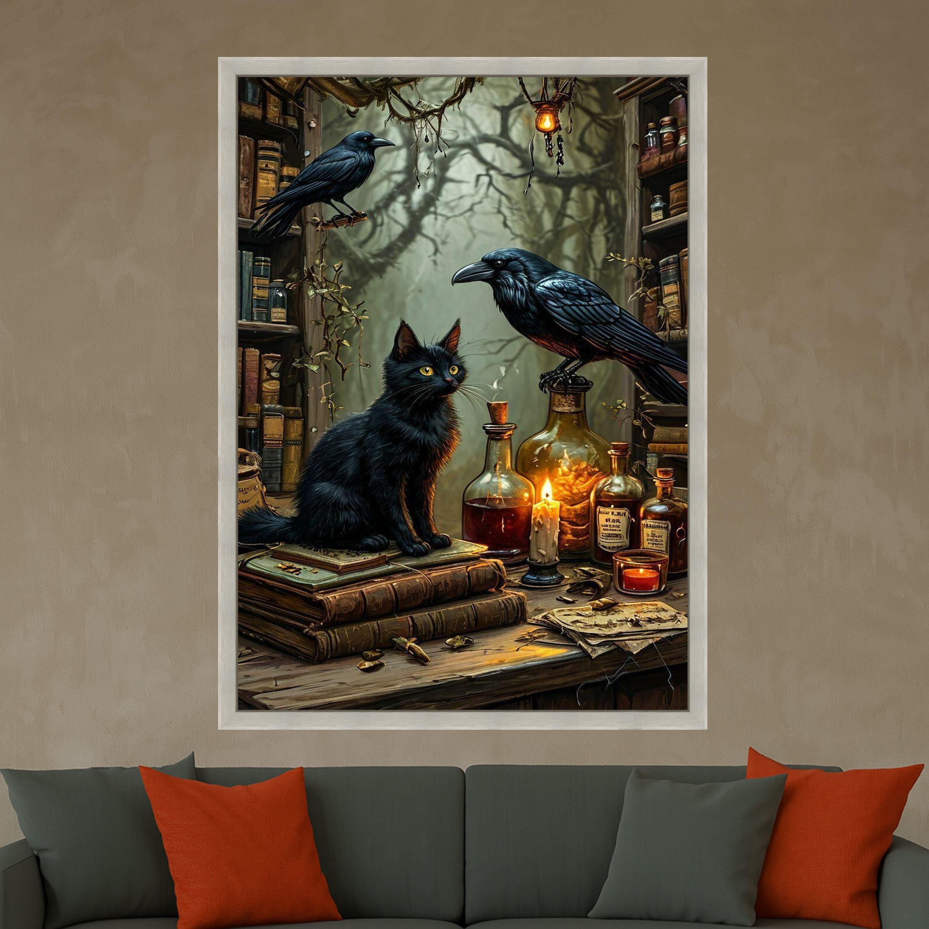 Black Cat Canvas Wall Art – Gothic Wall Decor, Witchy Wall Art Ready to Hang