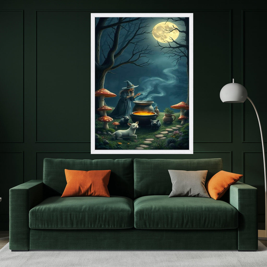 Enchanted Witch Brewing Potion Canvas, Magical Night Forest Wall Art, Full Moon Scene, Fantasy Witchcraft Decor, Halloween Ready To Hang,