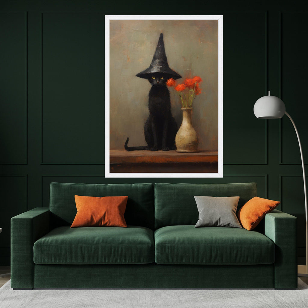 Witch Cat Canvas Print – Black Cat Wall Art with Hat, Gothic Wall Decor, Ready to Hang Halloween Wall Decoration