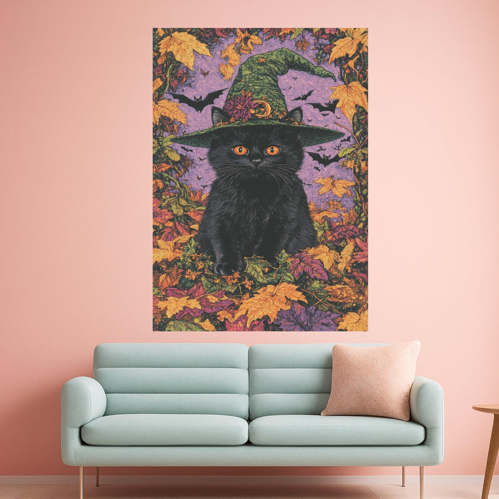 Black Cat with Witch Hat Canvas, Halloween Wall Art, Autumn Leaves Decor, Spooky Cat Canvas, Fall Season Canvas, Halloween Ready To Hang,