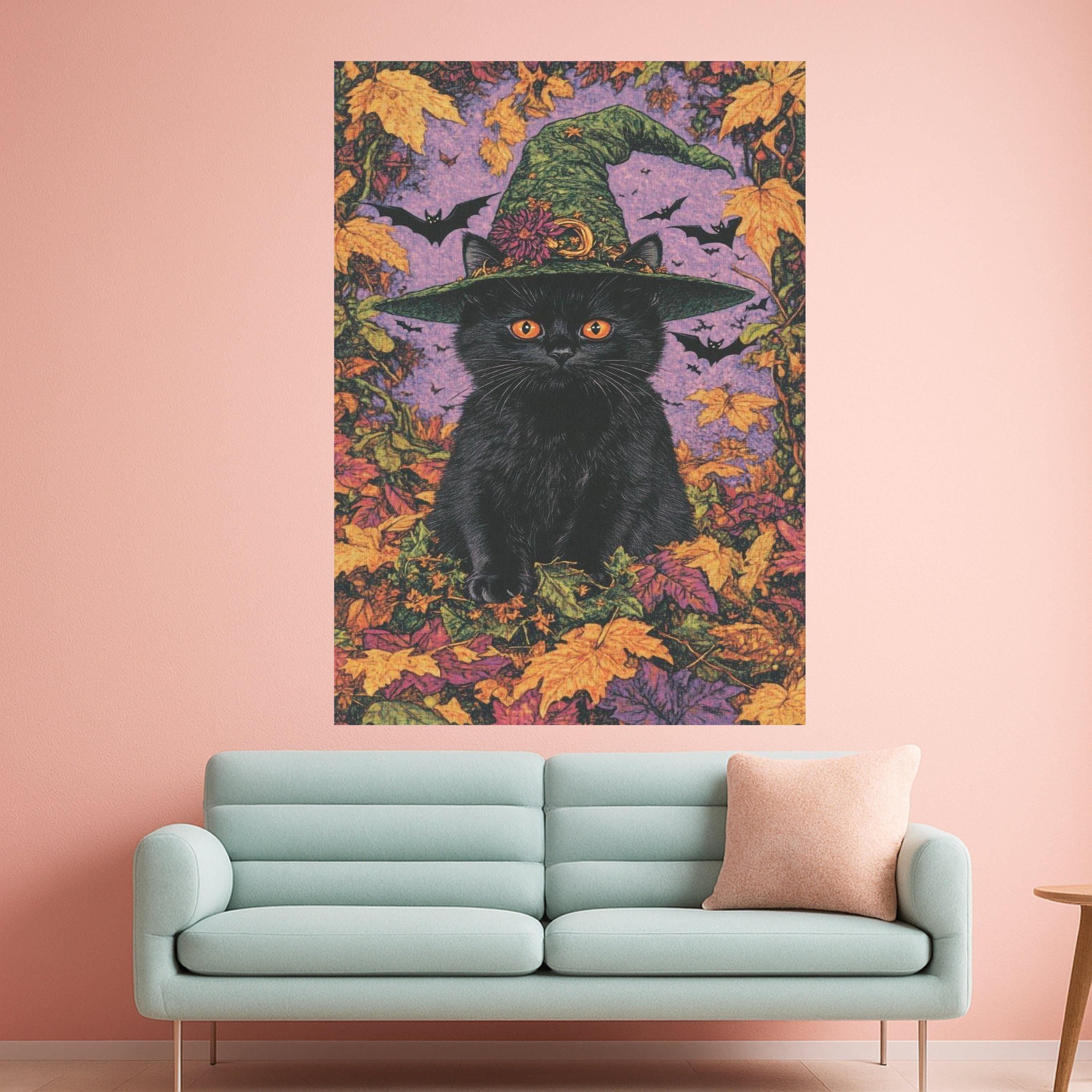 Black Cat with Witch Hat Canvas, Halloween Wall Art, Autumn Leaves Decor, Spooky Cat Canvas, Fall Season Canvas, Halloween Ready To Hang,