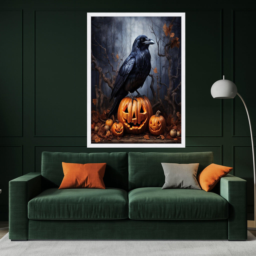Halloween Raven on Jack O Lantern Canvas, Spooky Pumpkin Halloween Decor, Gothic Autumn Wall Art, Dark Forest Scene Canvas, Ready To Hang,