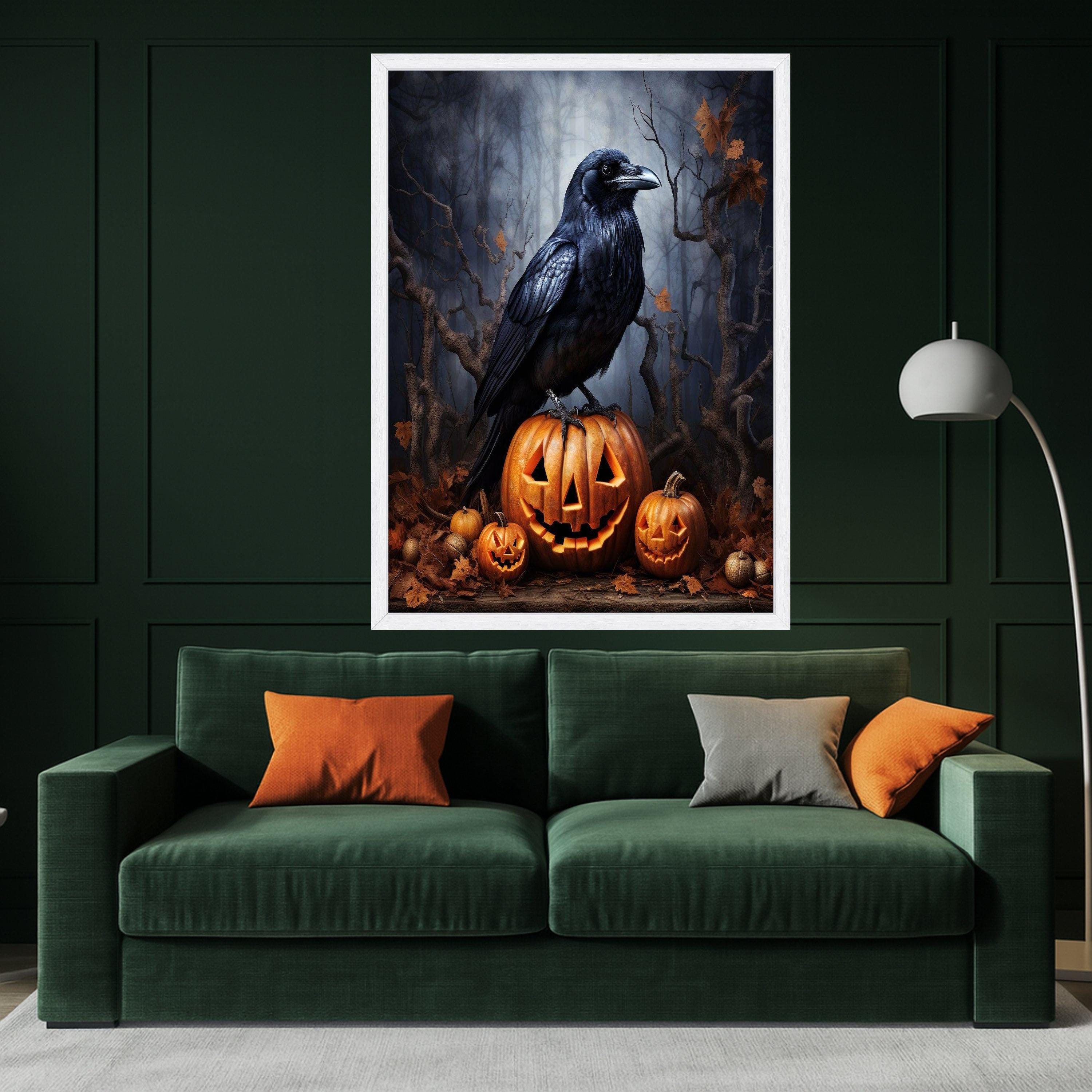 Halloween Raven on Jack O Lantern Canvas, Spooky Pumpkin Halloween Decor, Gothic Autumn Wall Art, Dark Forest Scene Canvas, Ready To Hang,