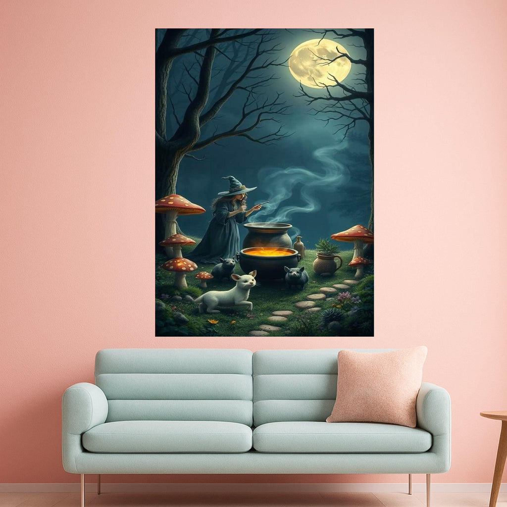 Enchanted Witch Brewing Potion Canvas, Magical Night Forest Wall Art, Full Moon Scene, Fantasy Witchcraft Decor, Halloween Ready To Hang,