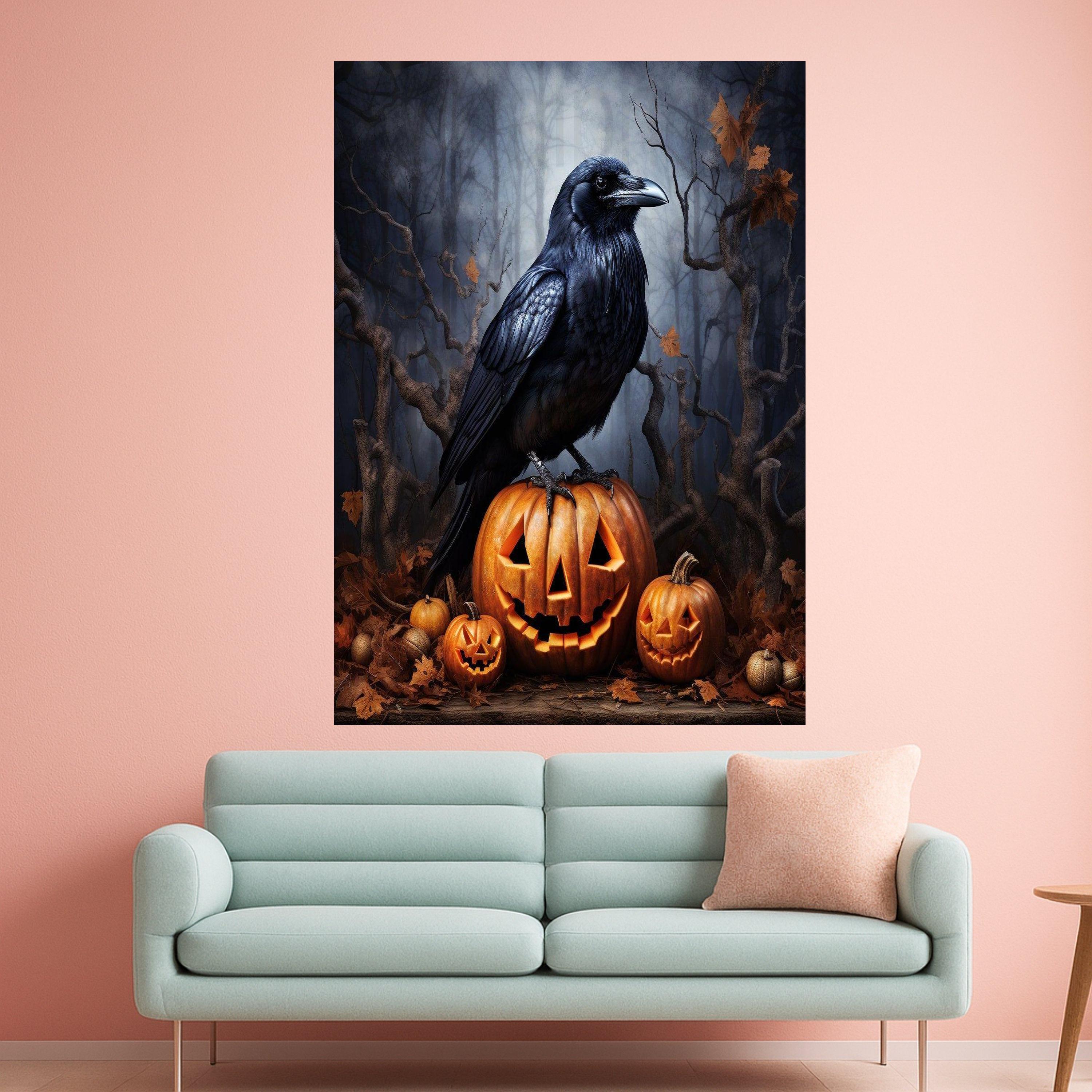 Halloween Raven on Jack O Lantern Canvas, Spooky Pumpkin Halloween Decor, Gothic Autumn Wall Art, Dark Forest Scene Canvas, Ready To Hang,