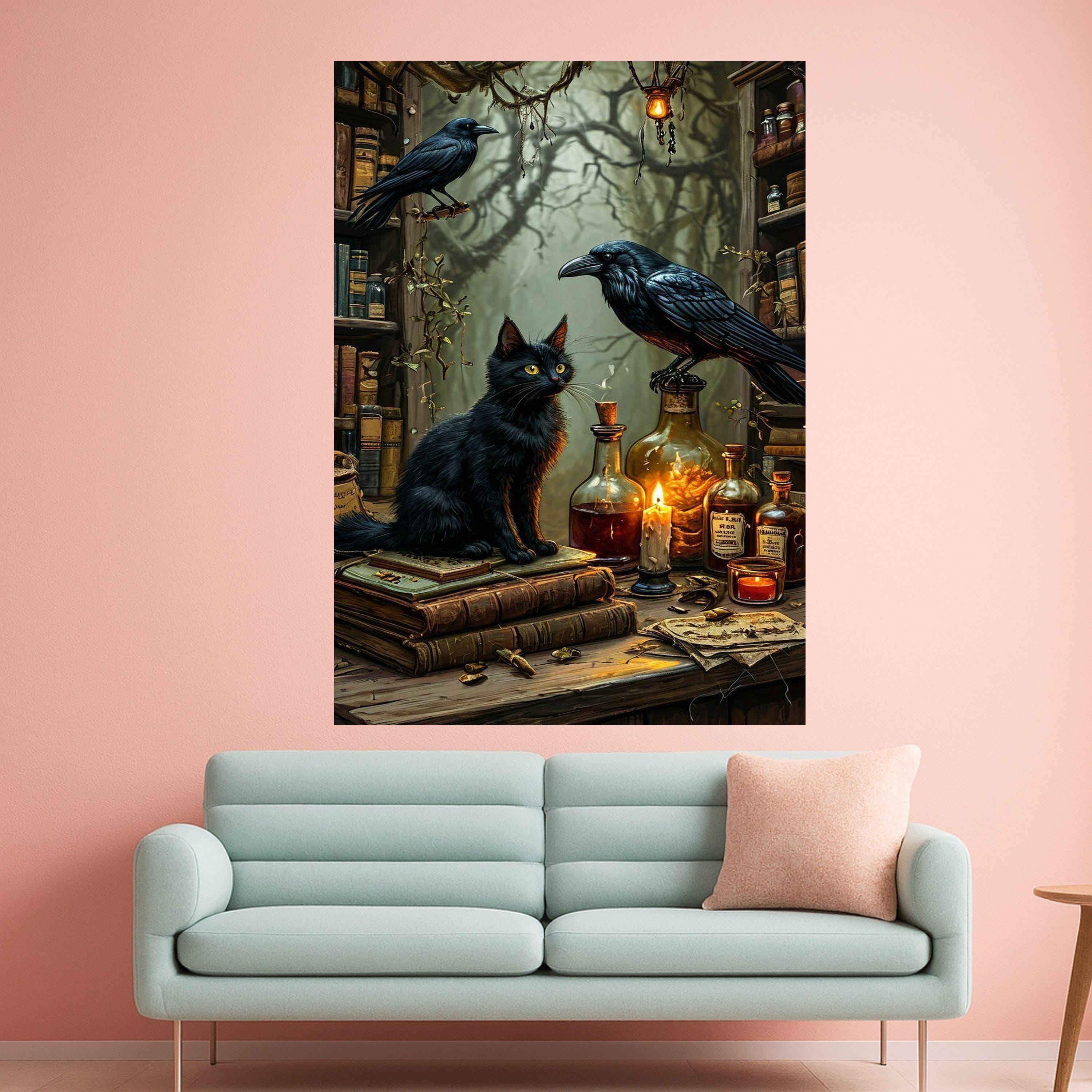 Black Cat Canvas Wall Art – Gothic Wall Decor, Witchy Wall Art Ready to Hang