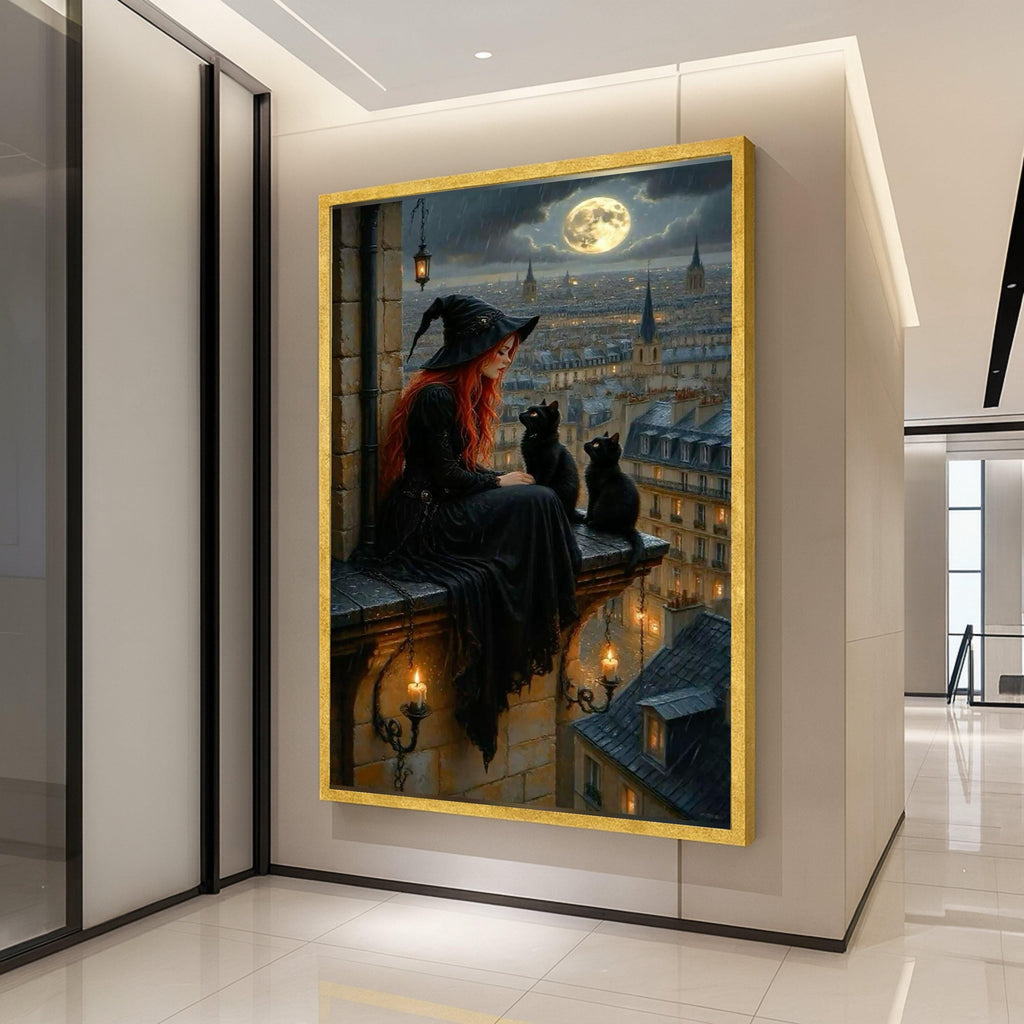 Witch and Black Cats Canvas Wall Art – Gothic Fantasy Wall Decor, Full Moon Witchy Artwork, Halloween Wall Art Ready to Hang