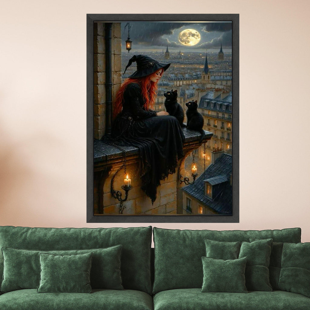 Witch and Black Cats Canvas Wall Art – Gothic Fantasy Wall Decor, Full Moon Witchy Artwork, Halloween Wall Art Ready to Hang