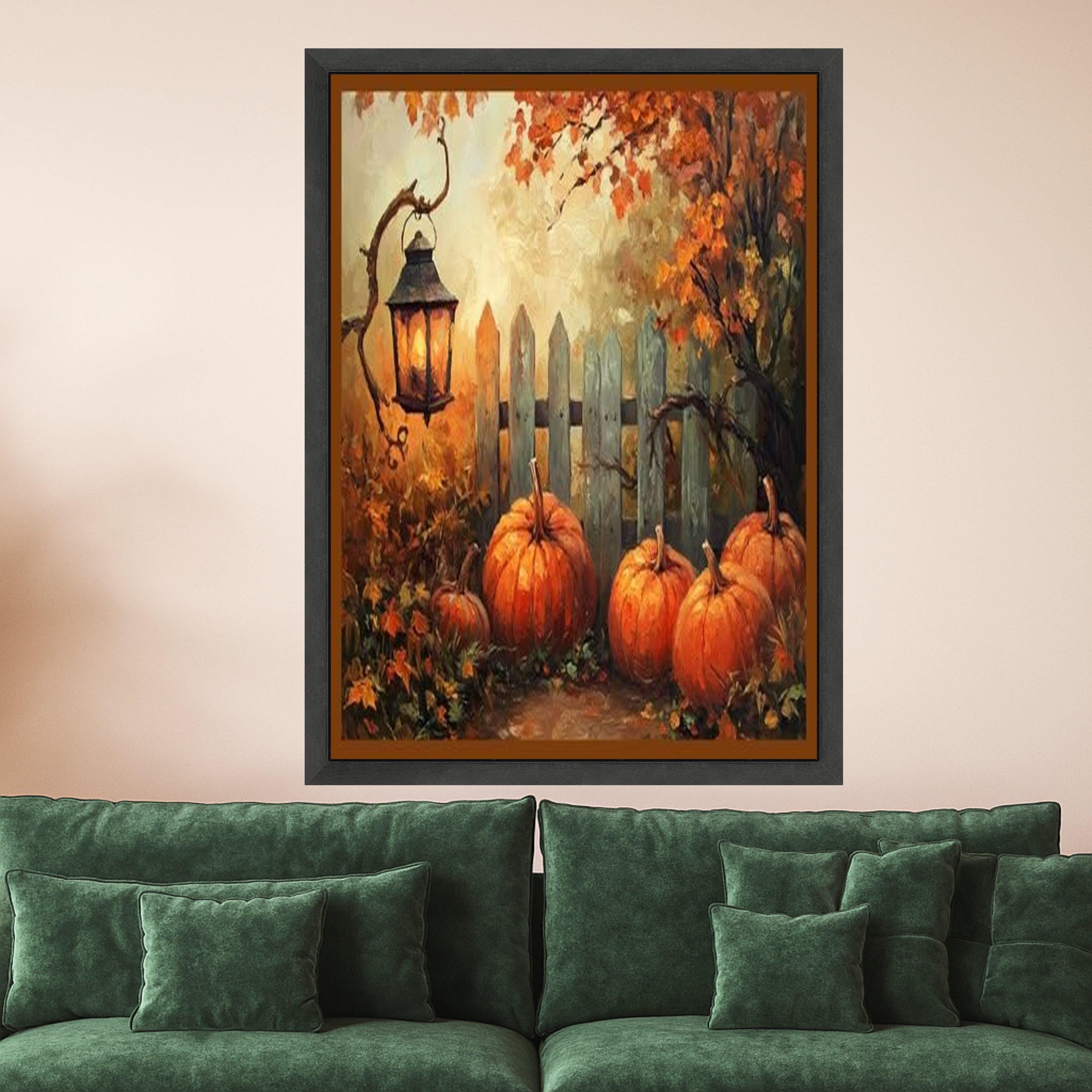 Autumn Pumpkin Patch Canvas, Rustic Lantern Wall Art, Fall Harvest Decoration, Seasonal Home Decor, Cozy Autumn Landscape Ready To Hang,