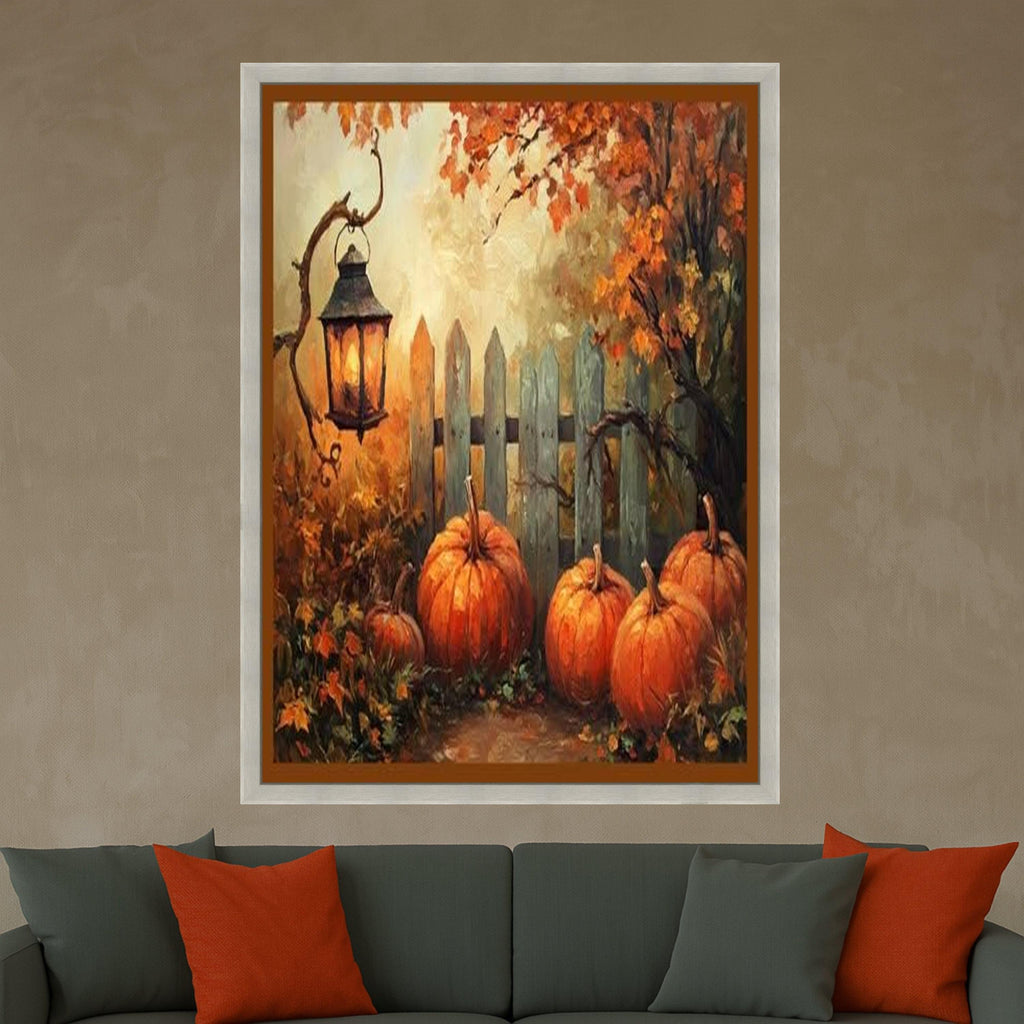 Autumn Pumpkin Patch Canvas, Rustic Lantern Wall Art, Fall Harvest Decoration, Seasonal Home Decor, Cozy Autumn Landscape Ready To Hang,
