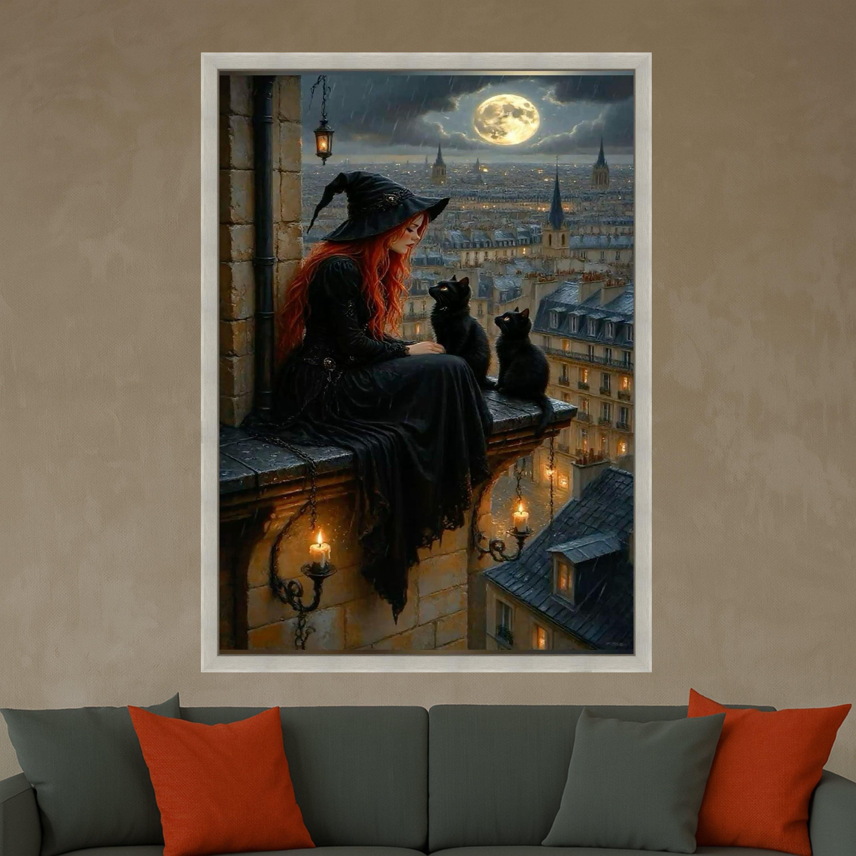 Witch and Black Cats Canvas Wall Art – Gothic Fantasy Wall Decor, Full Moon Witchy Artwork, Halloween Wall Art Ready to Hang