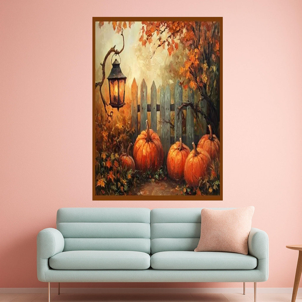 Autumn Pumpkin Patch Canvas, Rustic Lantern Wall Art, Fall Harvest Decoration, Seasonal Home Decor, Cozy Autumn Landscape Ready To Hang,