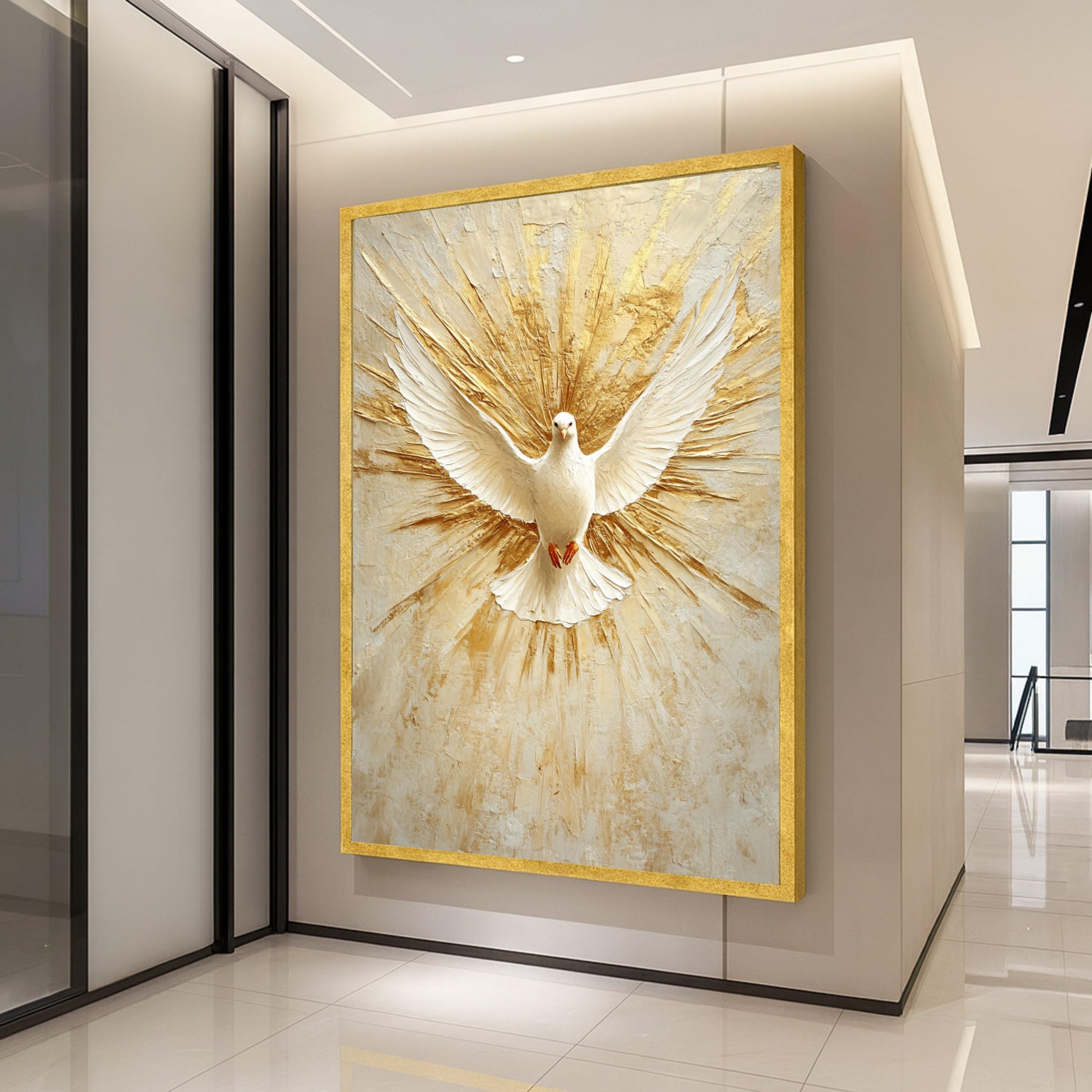 White Dove Canvas Print – Spiritual Wall Art, Peaceful Wall Decor, Golden Burst Background, Christian Home Accent