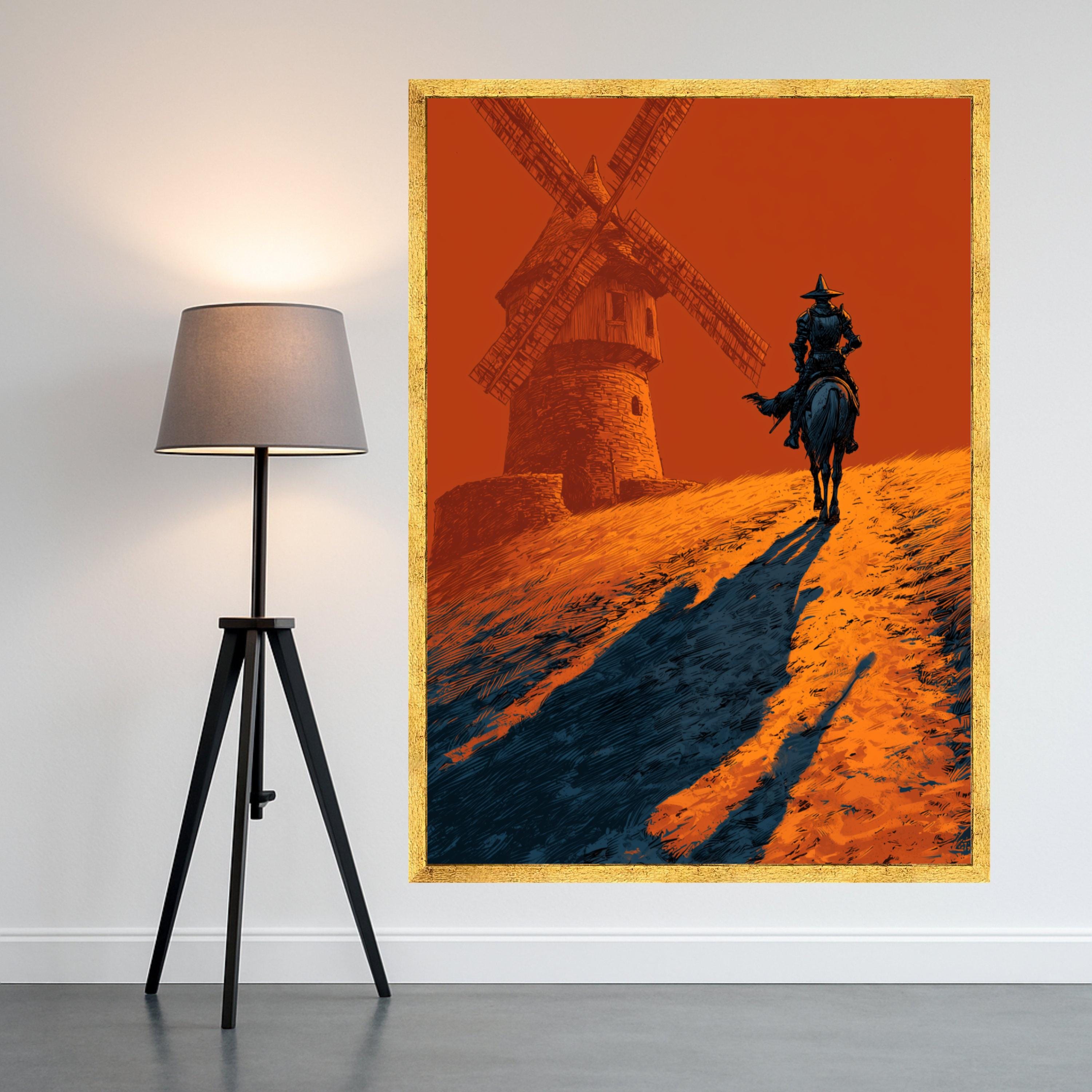 Don Quixote Canvas Print – Lone Rider Wall Art, Bold Windmill Scene, Dramatic Wall Decor, Ready to Hang Spanish-Inspired Artwork