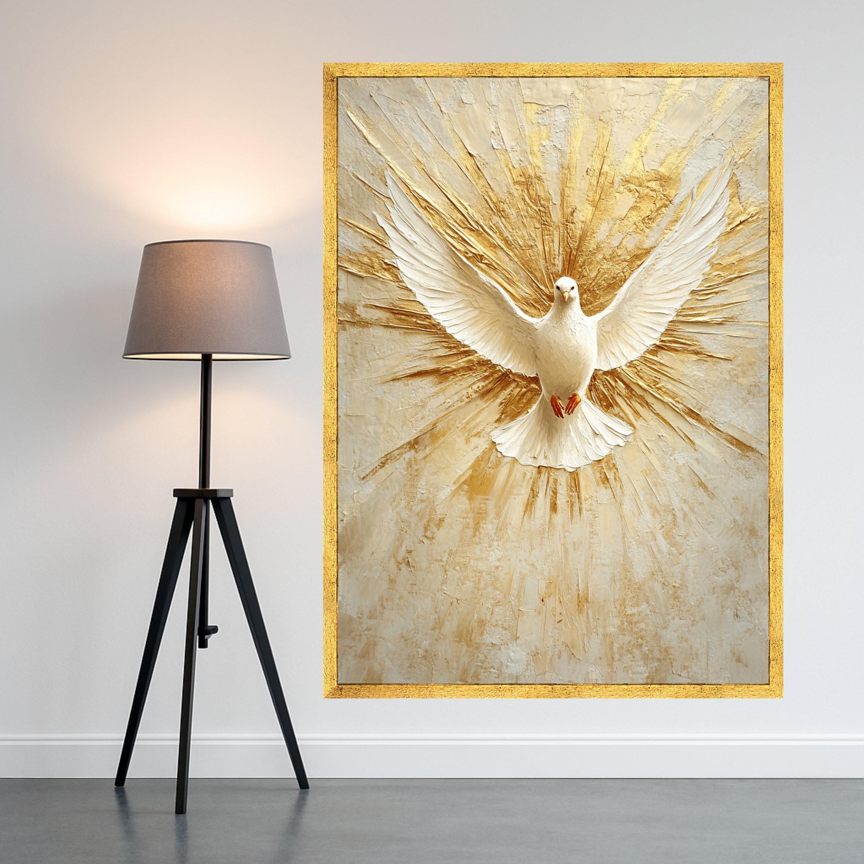 White Dove Canvas Print – Spiritual Wall Art, Peaceful Wall Decor, Golden Burst Background, Christian Home Accent