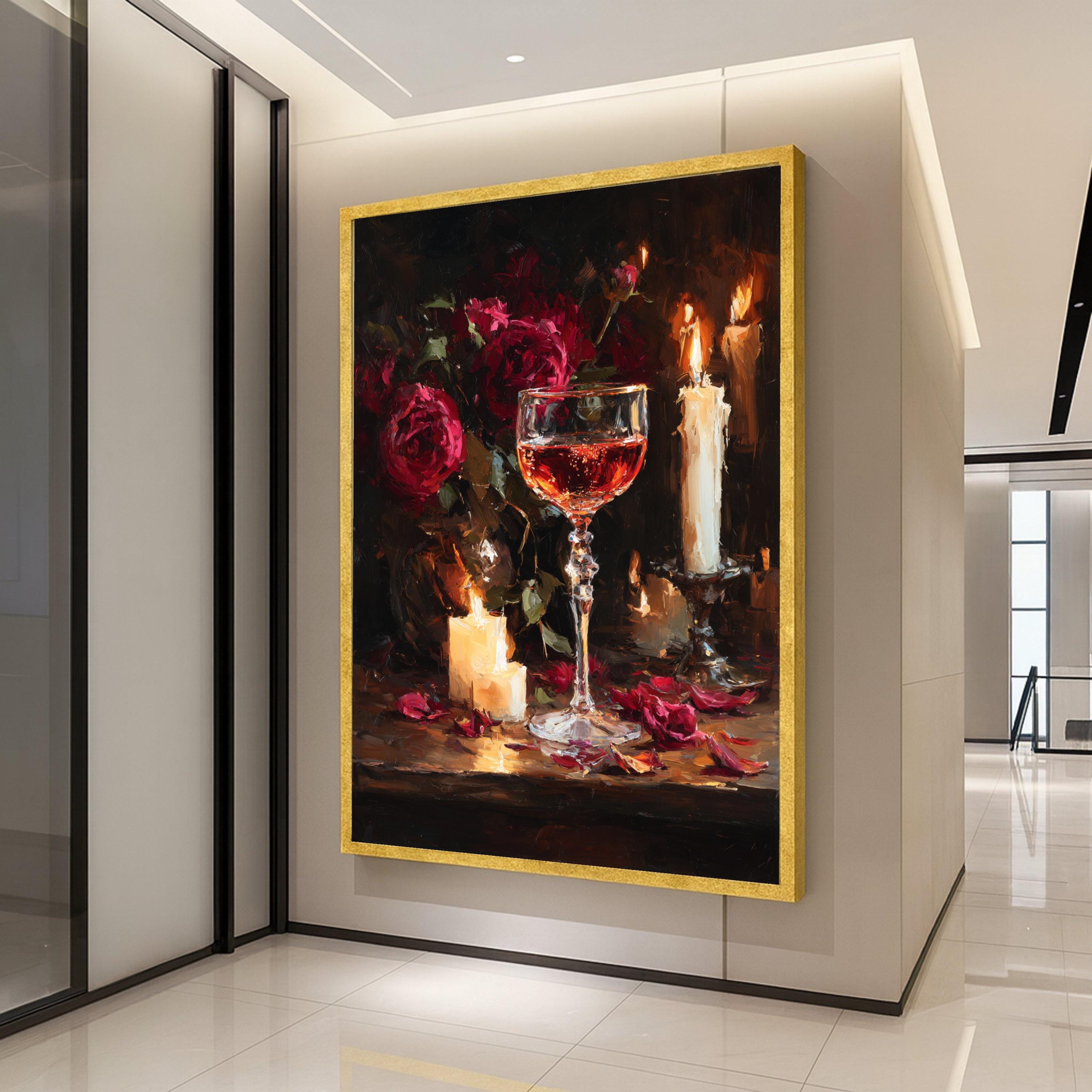 Romantic Wine Canvas Print – Candlelight Still Life Wall Art, Rose Floral Wall Decor, Ready to Hang Elegant Dining Room Accent
