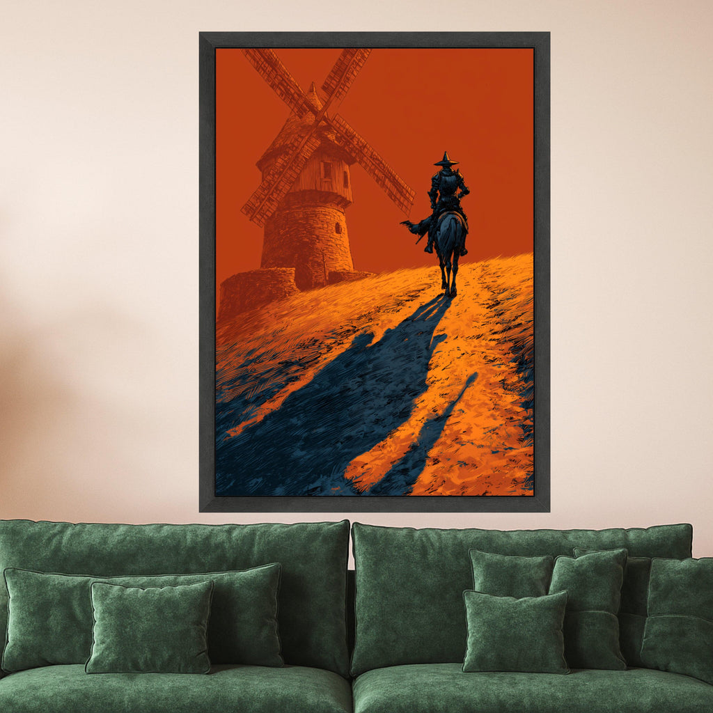 Don Quixote Canvas Print – Lone Rider Wall Art, Bold Windmill Scene, Dramatic Wall Decor, Ready to Hang Spanish-Inspired Artwork