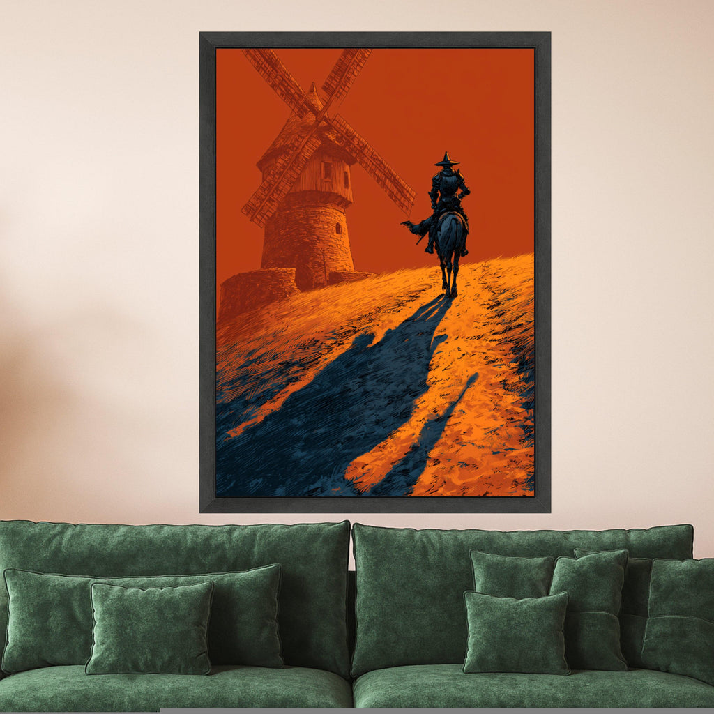 Don Quixote Canvas Print – Lone Rider Wall Art, Bold Windmill Scene, Dramatic Wall Decor, Ready to Hang Spanish-Inspired Artwork