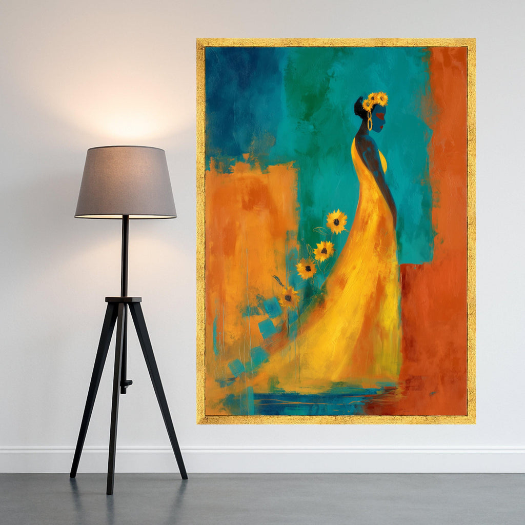 Elegant Woman Canvas Print – Colorful Abstract Wall Art, Sunflower Dress Painting, Wall Decor Ready to Hang, Modern Home Accent