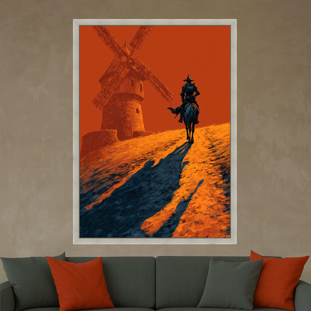 Don Quixote Canvas Print – Lone Rider Wall Art, Bold Windmill Scene, Dramatic Wall Decor, Ready to Hang Spanish-Inspired Artwork