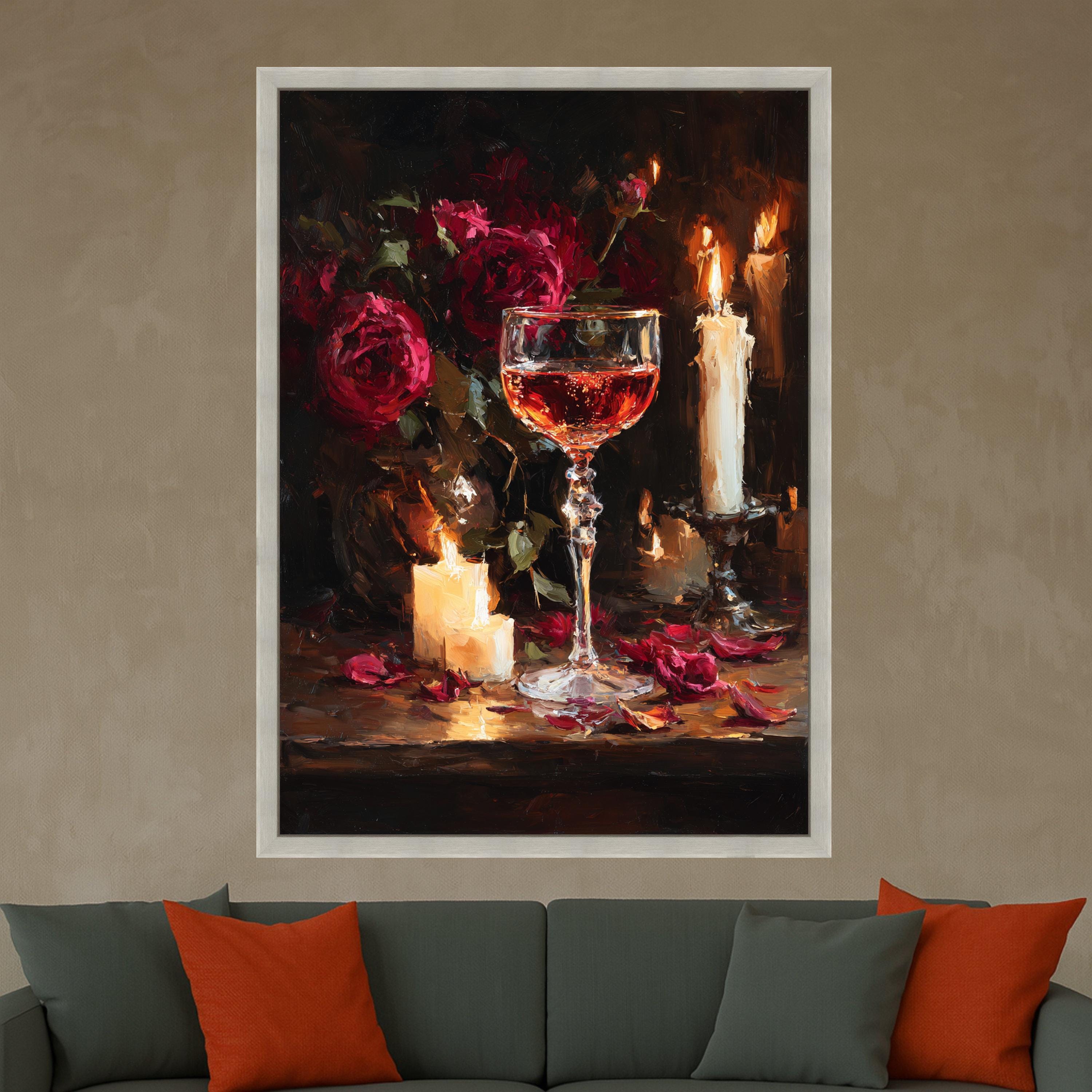 Romantic Wine Canvas Print – Candlelight Still Life Wall Art, Rose Floral Wall Decor, Ready to Hang Elegant Dining Room Accent