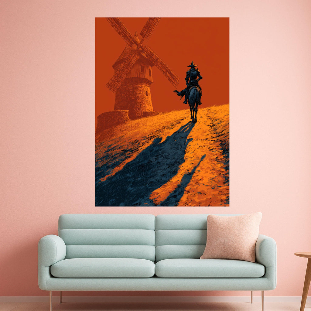 Don Quixote Canvas Print – Lone Rider Wall Art, Bold Windmill Scene, Dramatic Wall Decor, Ready to Hang Spanish-Inspired Artwork