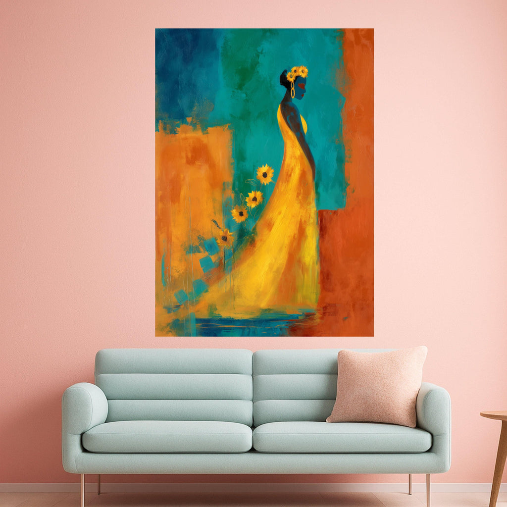 Elegant Woman Canvas Print – Colorful Abstract Wall Art, Sunflower Dress Painting, Wall Decor Ready to Hang, Modern Home Accent