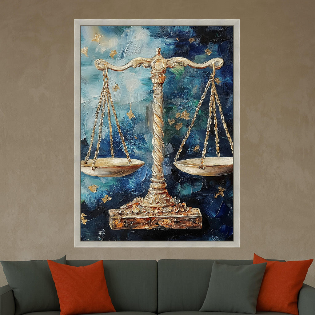 Golden Justice Scales Canvas Wall Art, Abstract Blue Background, Legal Symbol Decor, Palette Knife Painting, Modern Home Ready To Hang,