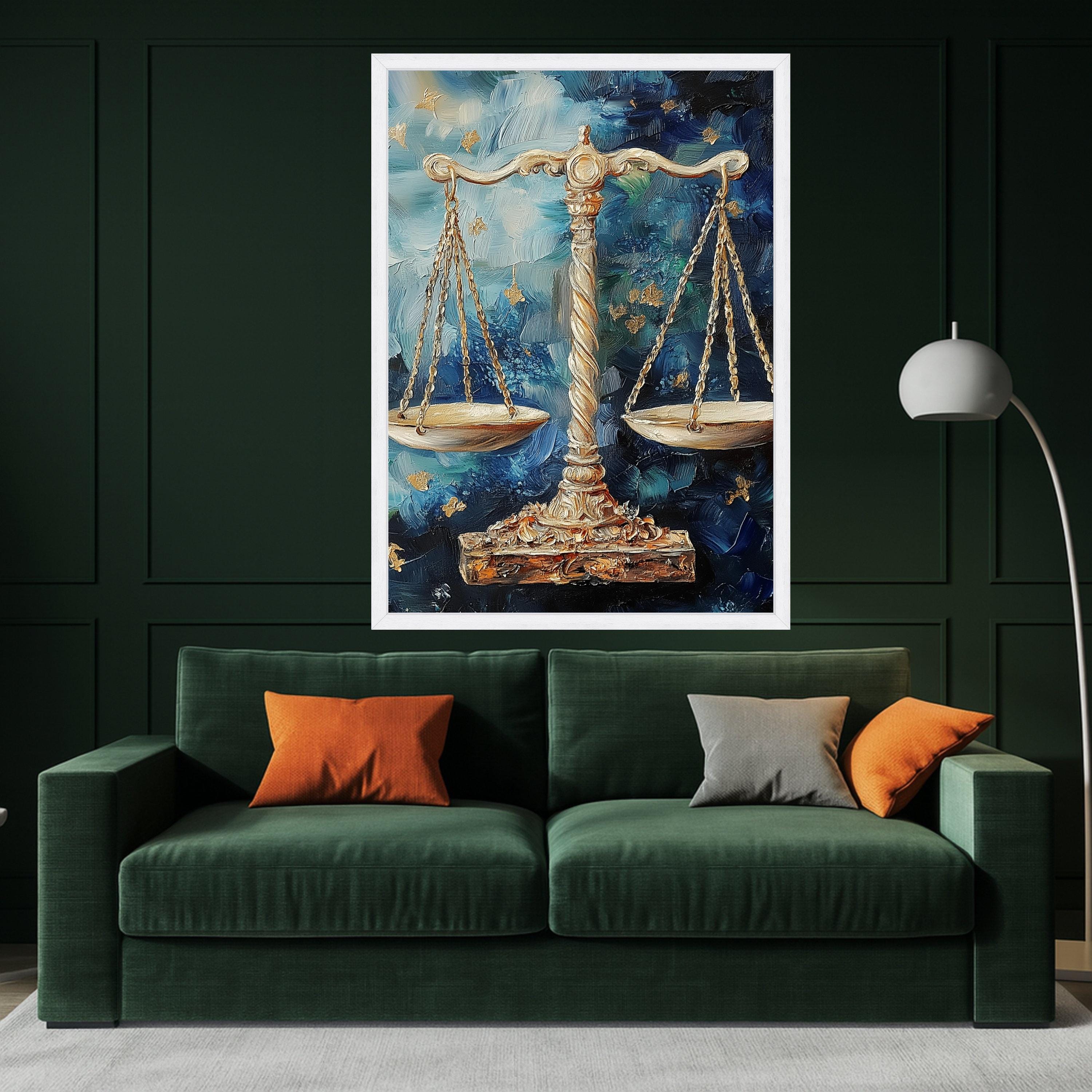 Golden Justice Scales Canvas Wall Art, Abstract Blue Background, Legal Symbol Decor, Palette Knife Painting, Modern Home Ready To Hang,
