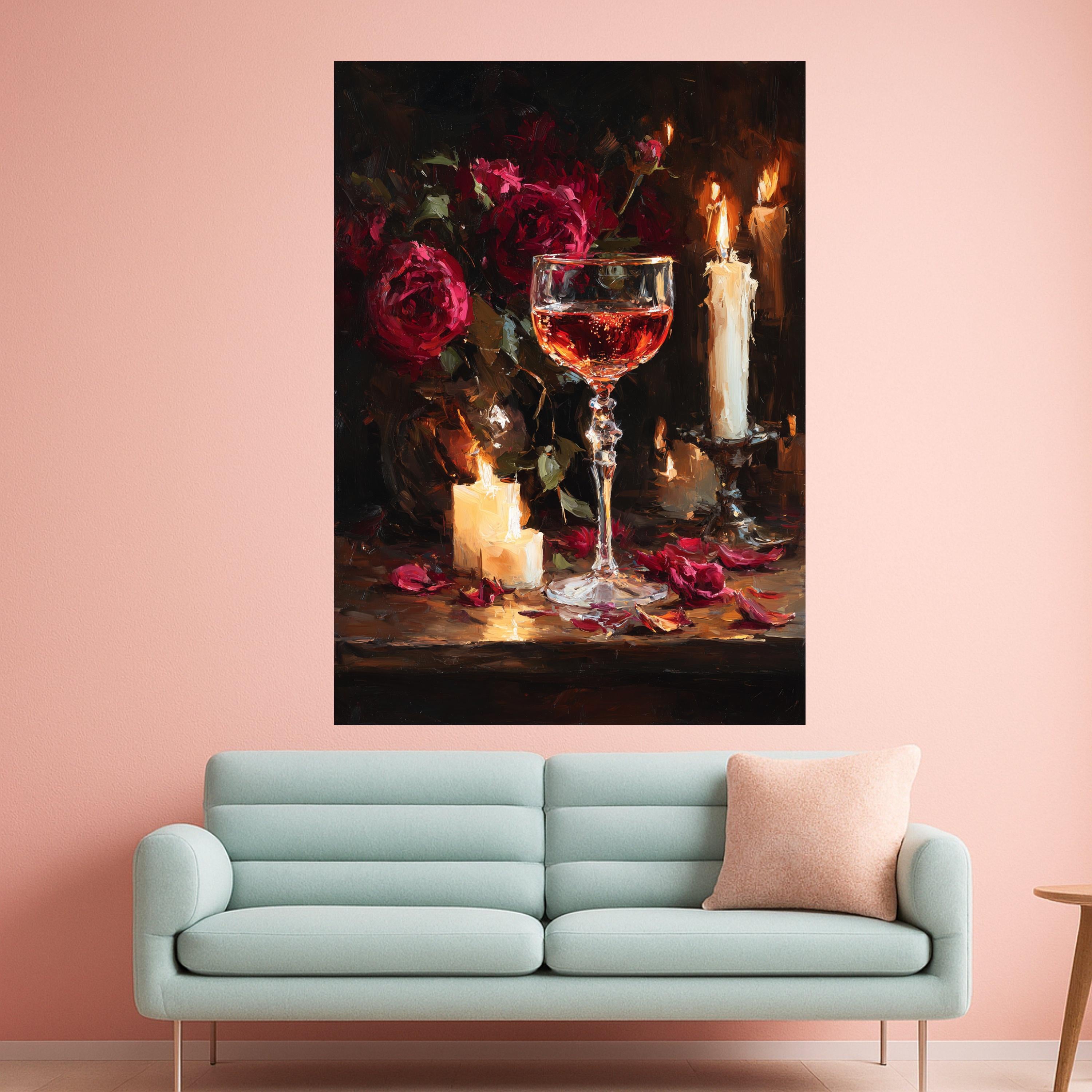 Romantic Candlelight Still Life Canvas Print – Wine Wall Art, Wall Decor, Ready to Hang Floral Wall Decoration