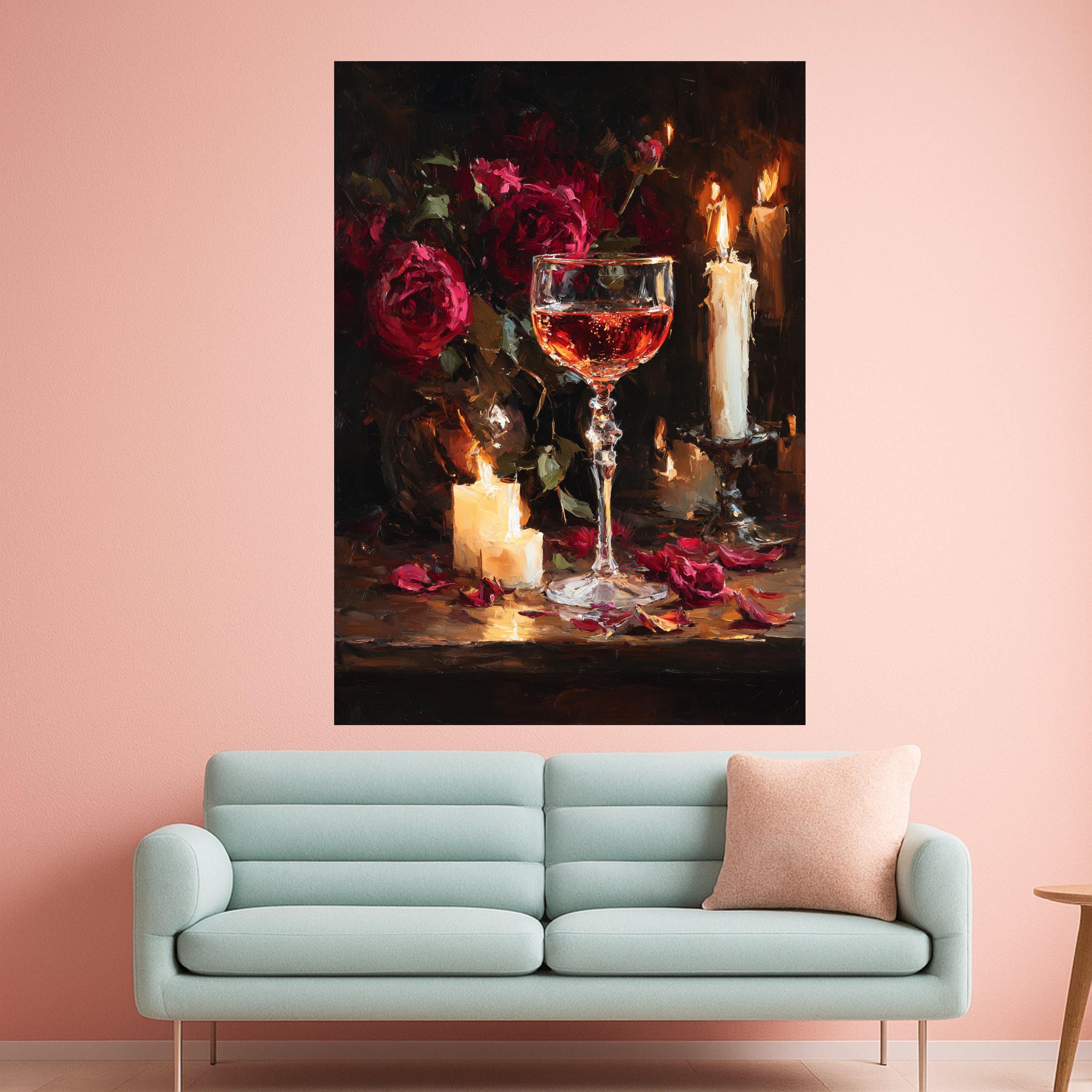Romantic Candlelight Still Life Canvas Print – Wine Wall Art, Wall Decor, Ready to Hang Floral Wall Decoration