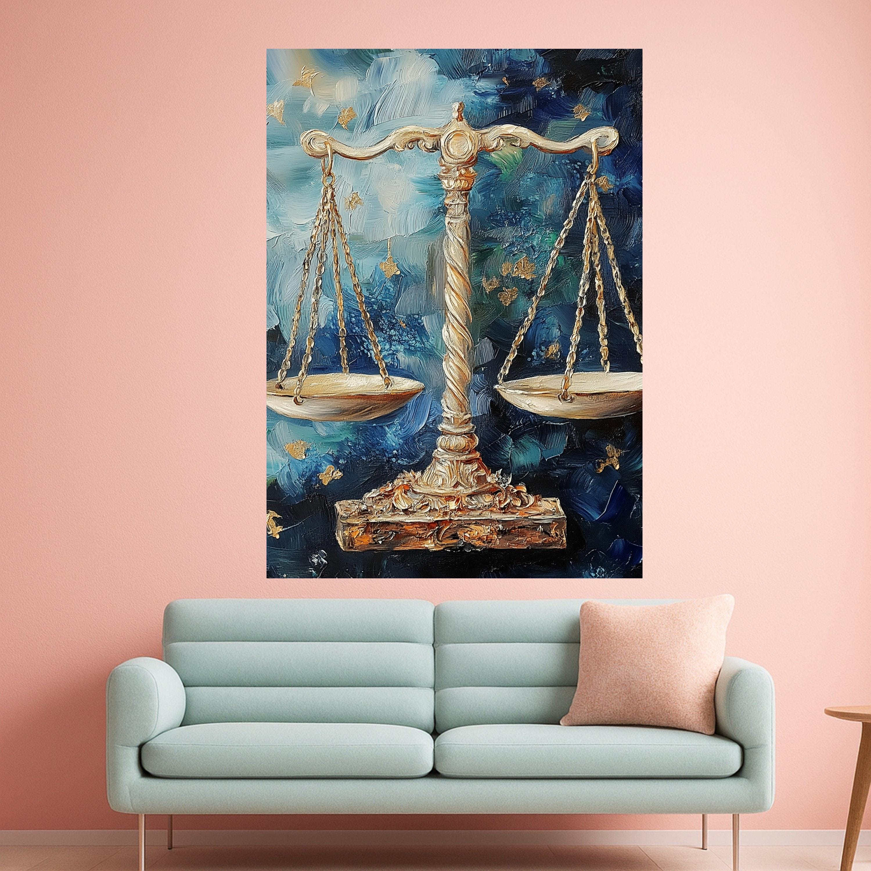 Golden Justice Scales Canvas Wall Art, Abstract Blue Background, Legal Symbol Decor, Palette Knife Painting, Modern Home Ready To Hang,