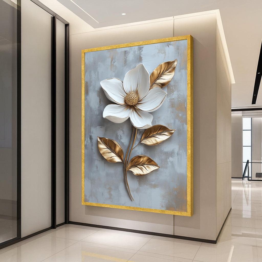 White and Gold Magnolia Canvas Print – Elegant Wall Art, Wall Decor, Ready to Hang Floral Wall Decoration