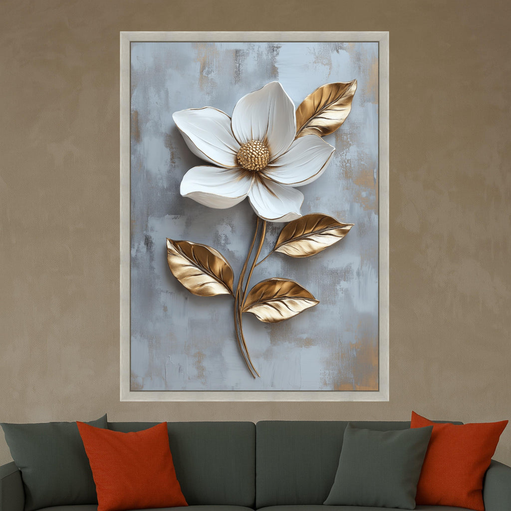 White and Gold Magnolia Canvas Print – Elegant Wall Art, Wall Decor, Ready to Hang Floral Wall Decoration