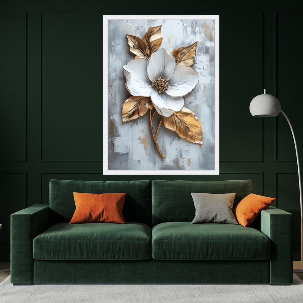 Elegant White Flower Canvas Wall Art, Gold Leaf Botanical Canvas, Modern Floral Home Decor, Nature Canvas, Ready to Hang Ready To Hang,