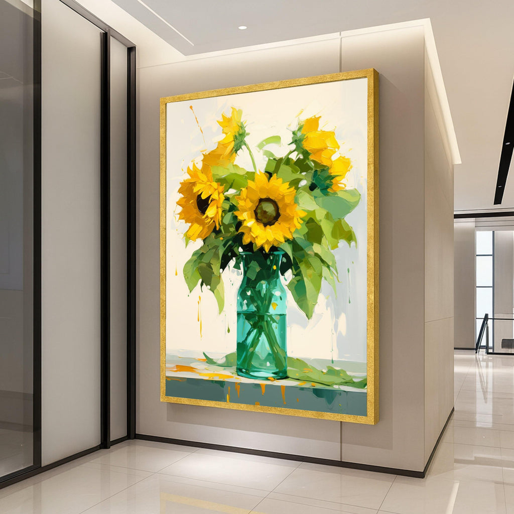Bright Sunflower Bouquet Canvas, Floral Wall Art, Yellow Sunflowers in Vase, Summer Home Decor, Nature Painting Print, Ready Ready To Hang,