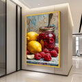 Raspberry Jam Jar with Lemons and Garlic Still Life Canvas, Rustic Kitchen Wall Art, Fruit Painting, Home Decor Canvas Print Ready To Hang,
