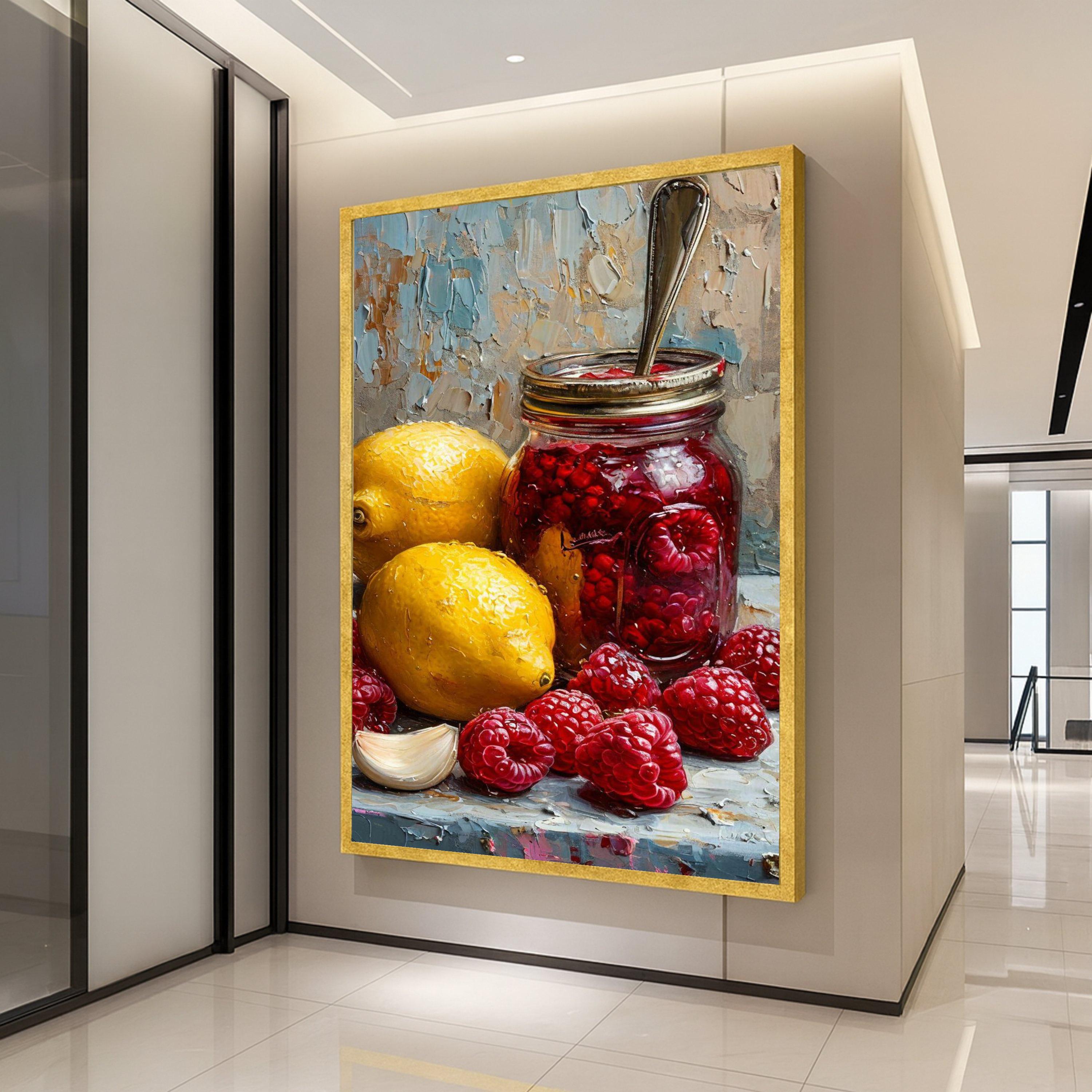 Raspberry Jam Jar with Lemons and Garlic Still Life Canvas, Rustic Kitchen Wall Art, Fruit Painting, Home Decor Canvas Print Ready To Hang,