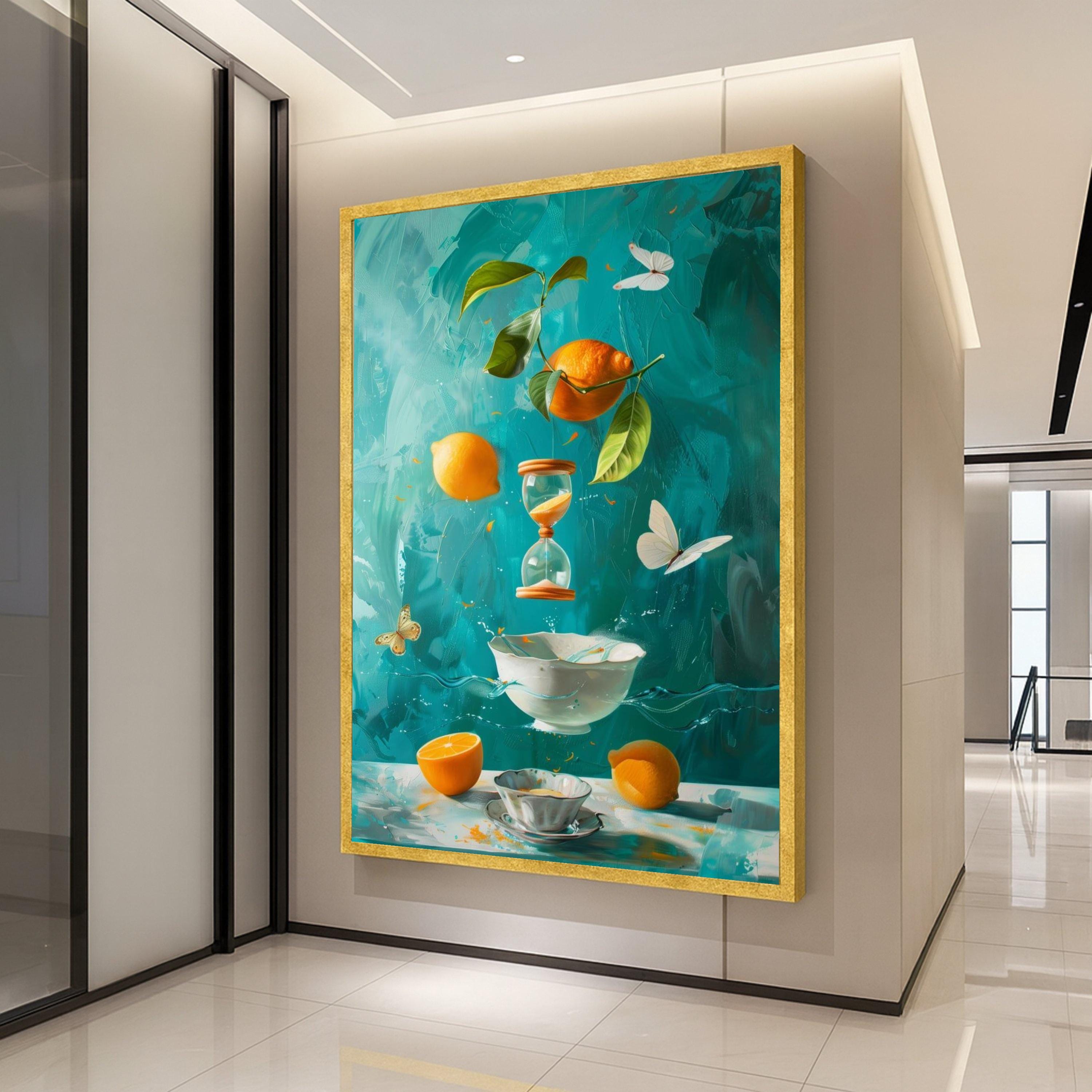 Surreal Citrus Still Life Canvas, Floating Lemons and Hourglass, Butterflies and Porcelain Bowl, Vibrant Blue Kitchen Wall Ready To Hang,