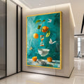 Surreal Citrus Still Life Canvas, Floating Lemons and Hourglass, Butterflies and Porcelain Bowl, Vibrant Blue Kitchen Wall Ready To Hang,