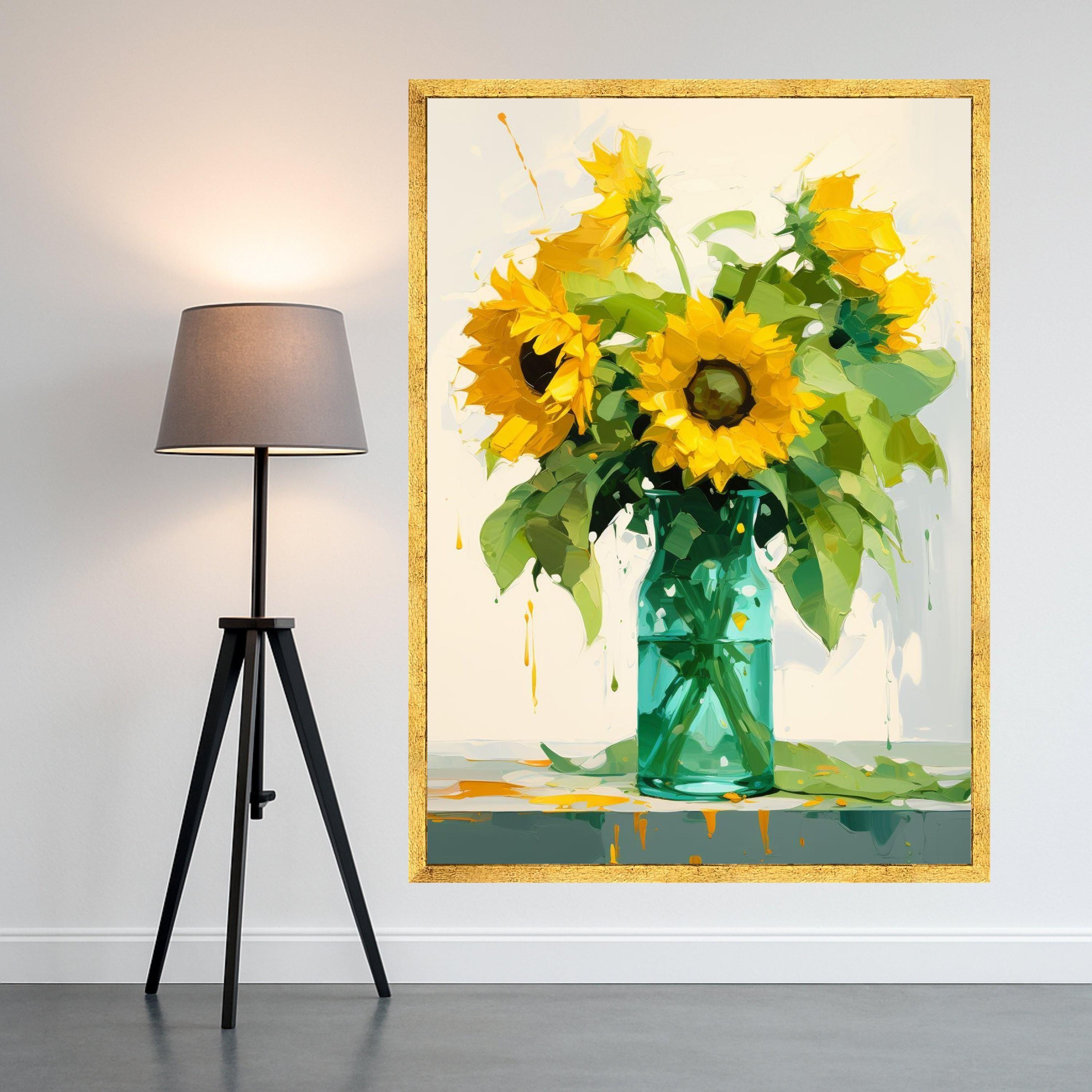 Bright Sunflower Bouquet Canvas, Floral Wall Art, Yellow Sunflowers in Vase, Summer Home Decor, Nature Painting Print, Ready Ready To Hang,