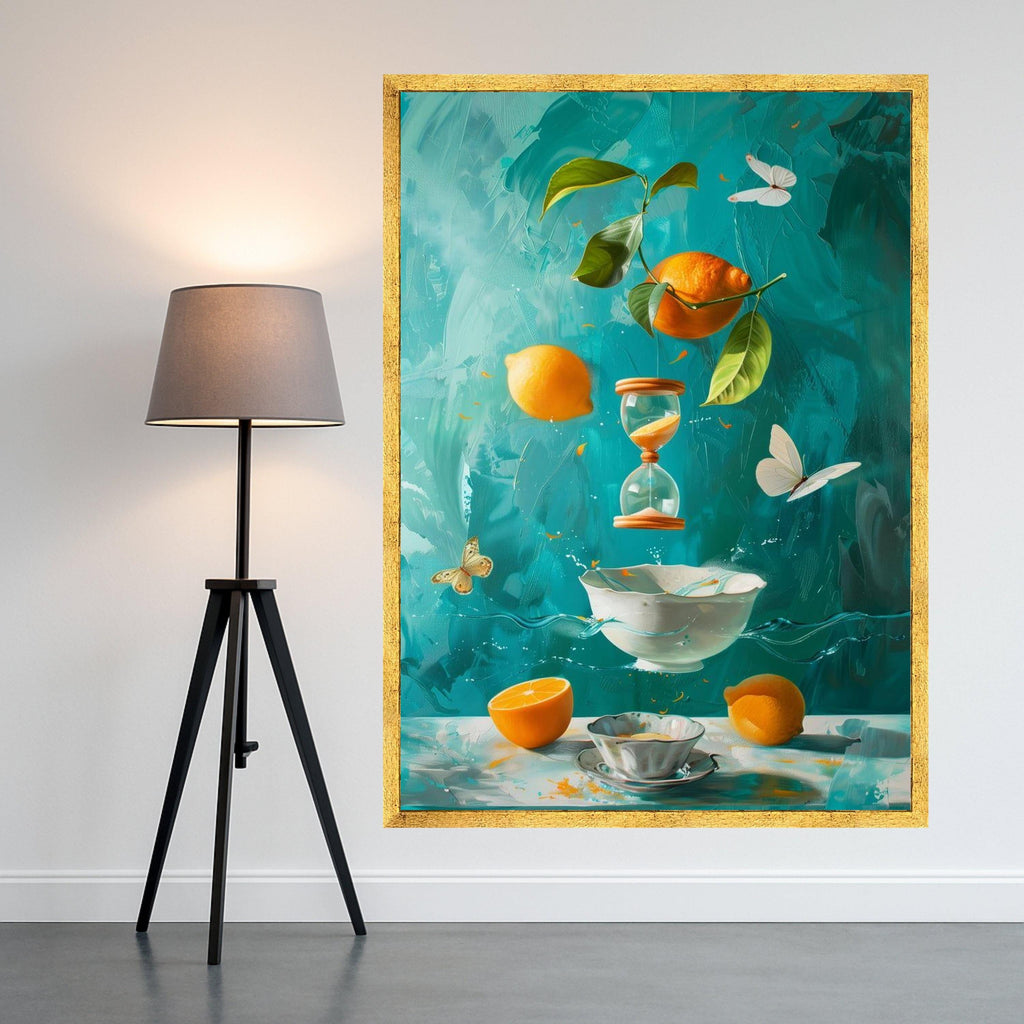 Surreal Citrus Still Life Canvas, Floating Lemons and Hourglass, Butterflies and Porcelain Bowl, Vibrant Blue Kitchen Wall Ready To Hang,